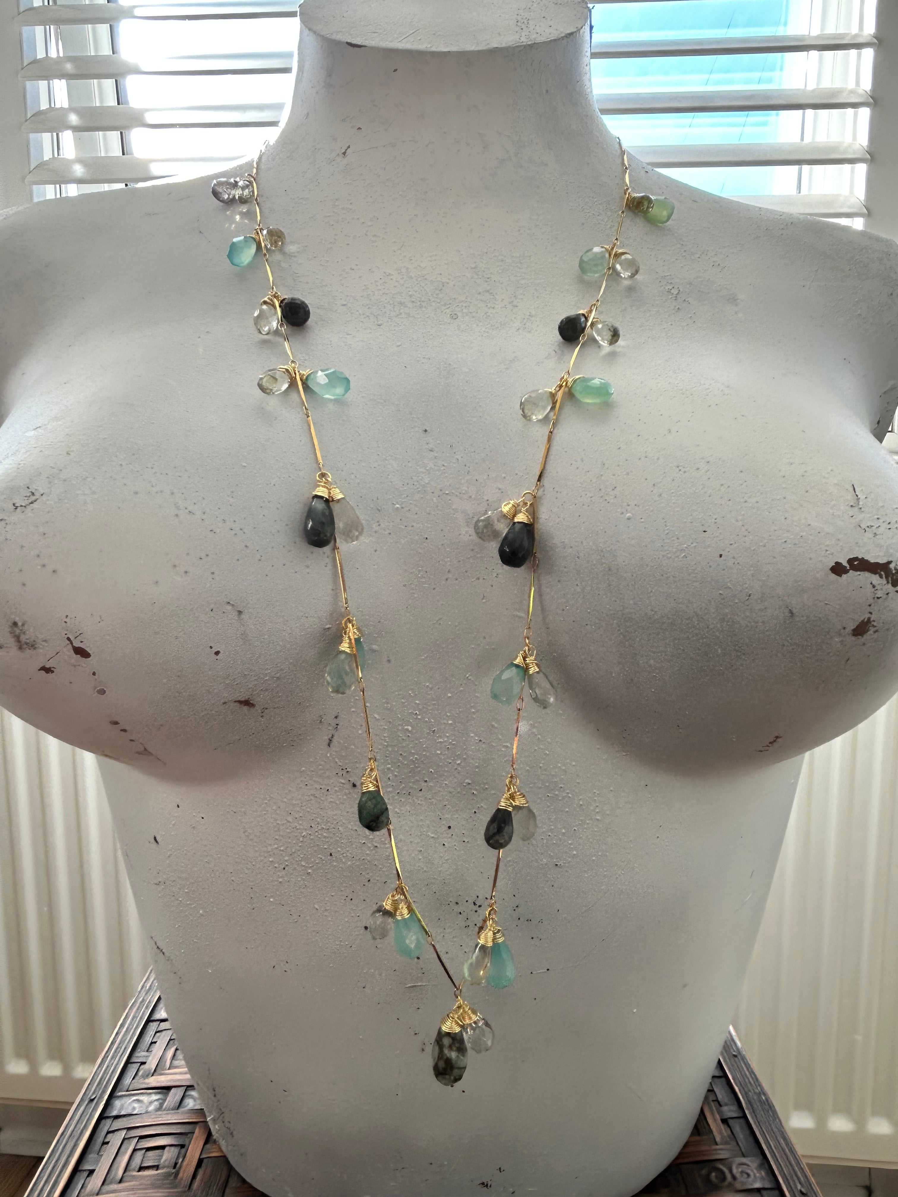 Rainbow Labradorite, Emerald, Chalcedony & Green Amethyst Garland on 24ct Gold Plate