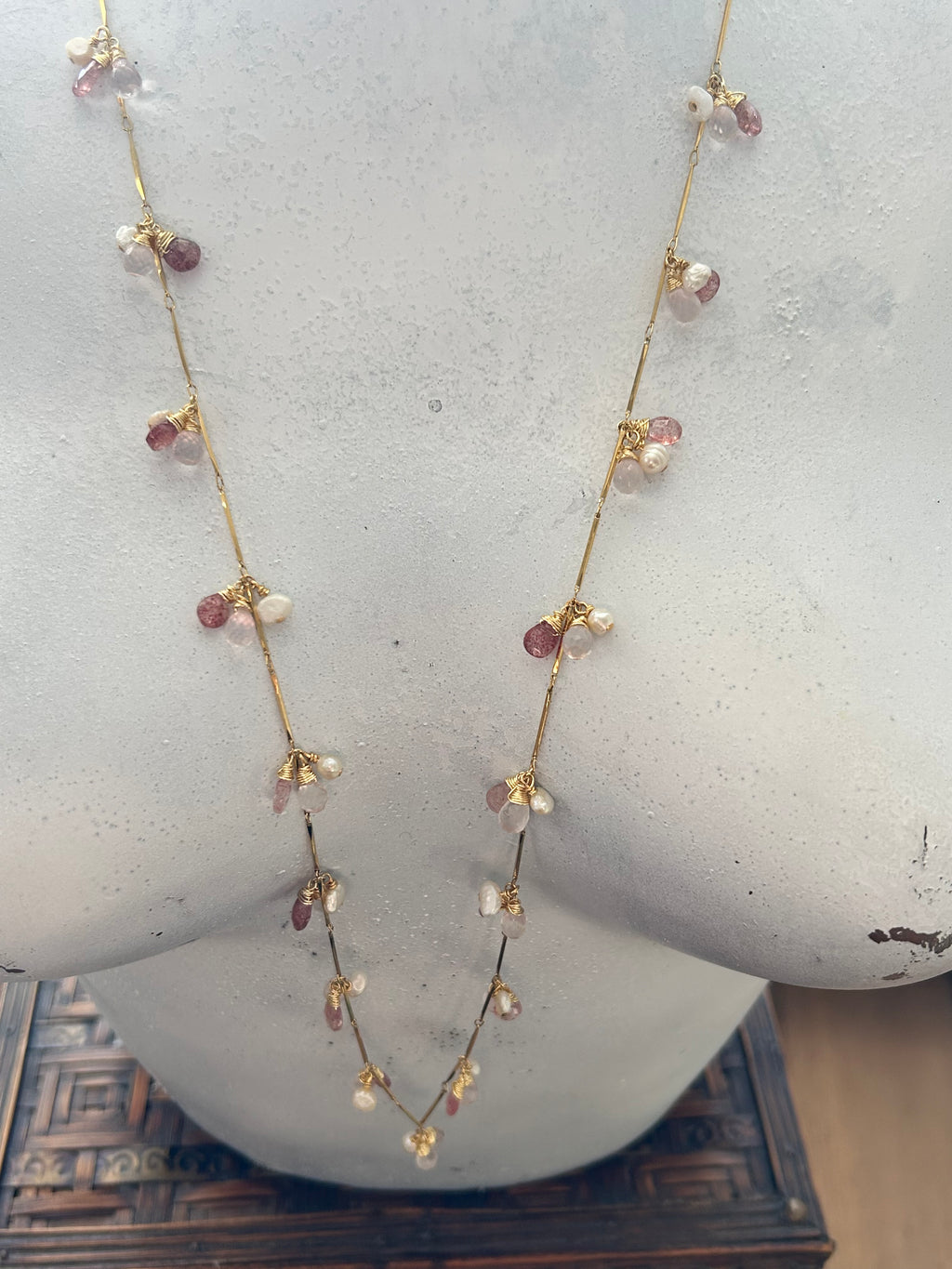Rose & Strawberry Quartz with Pearl Garland on 24ct Gold Plate