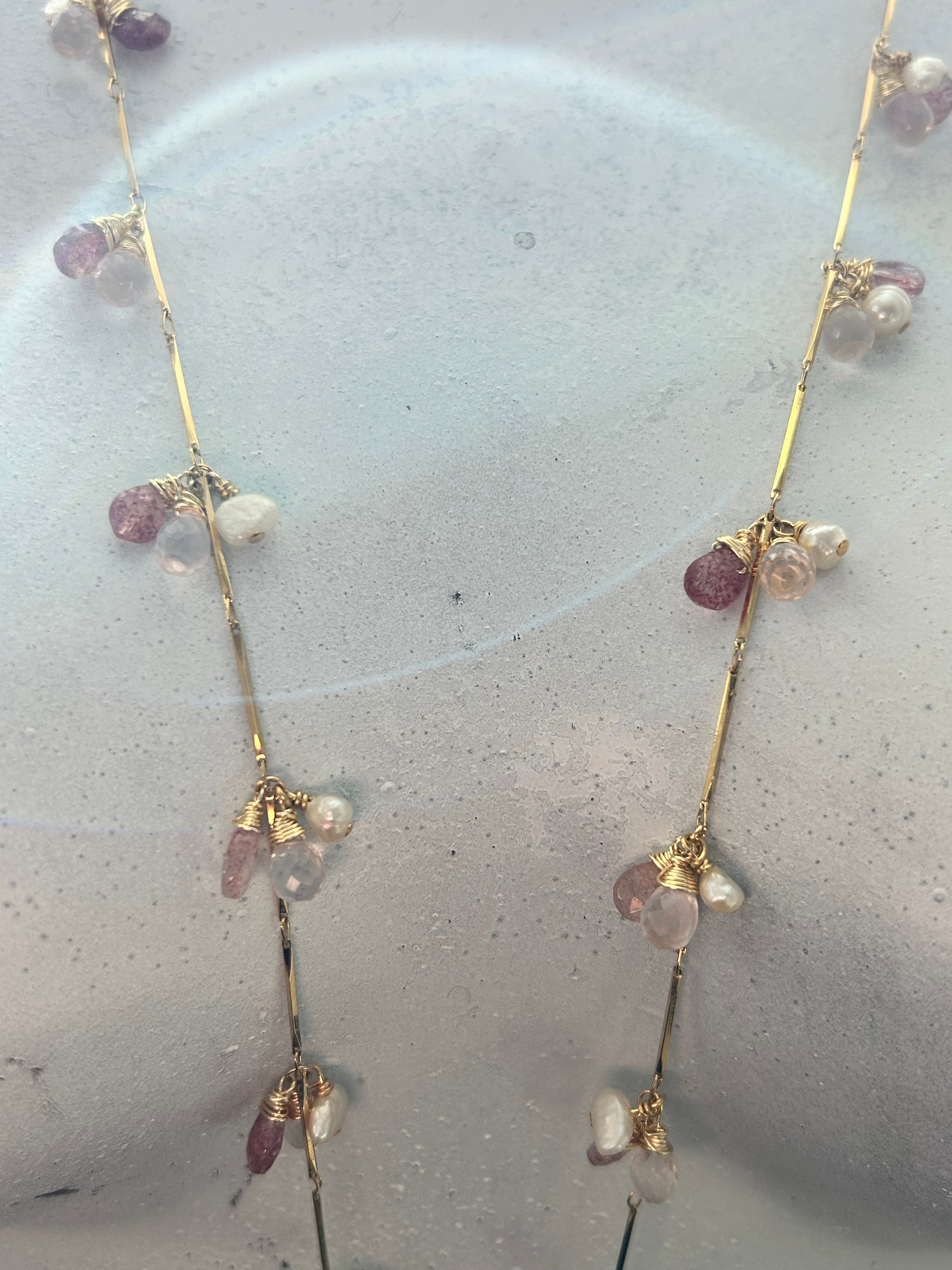 Rose & Strawberry Quartz with Pearl Garland on 24ct Gold Plate
