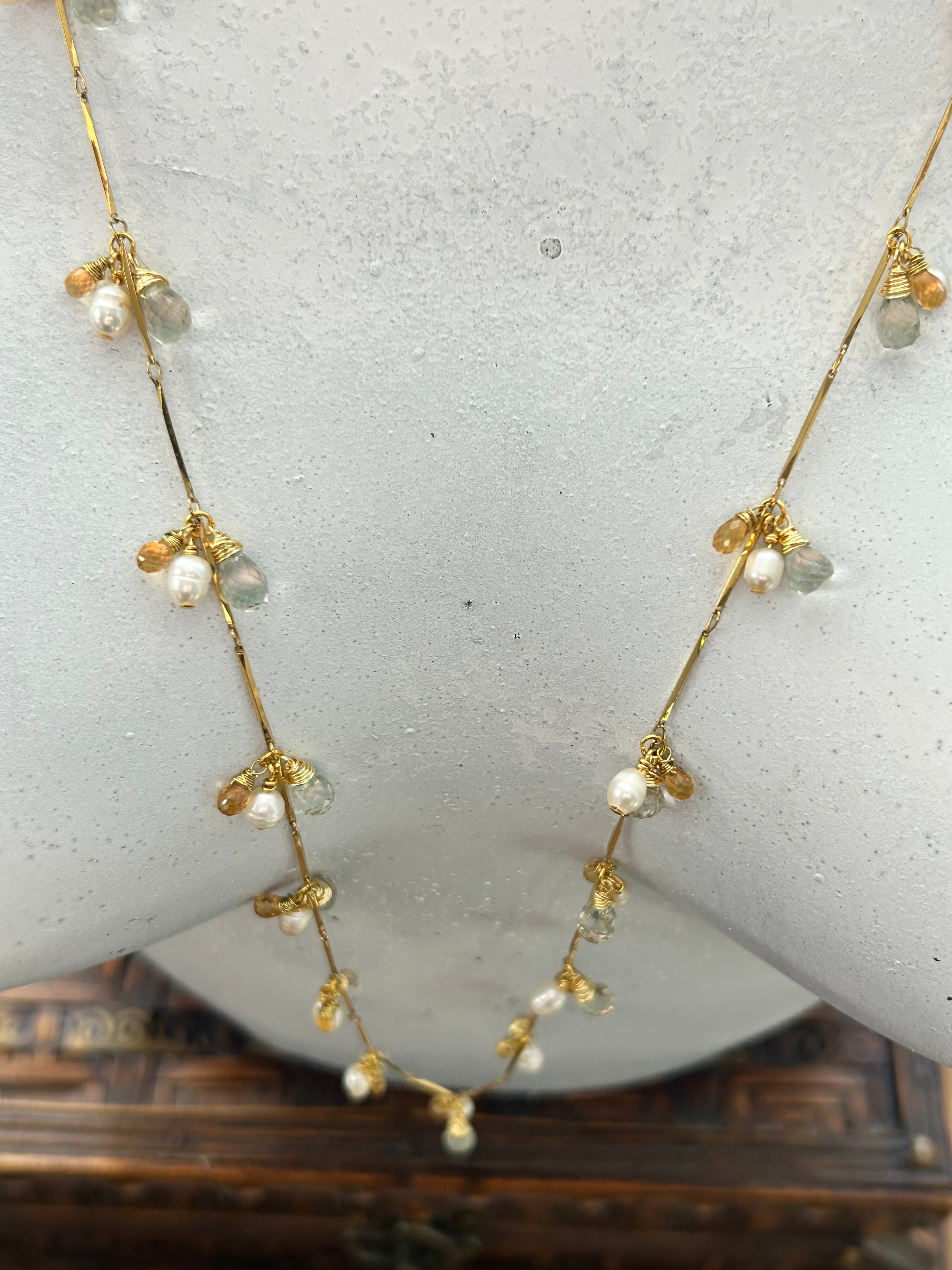 Golden Topaz, Pearl & Green Amethyst Garland on 24ct Gold Plate