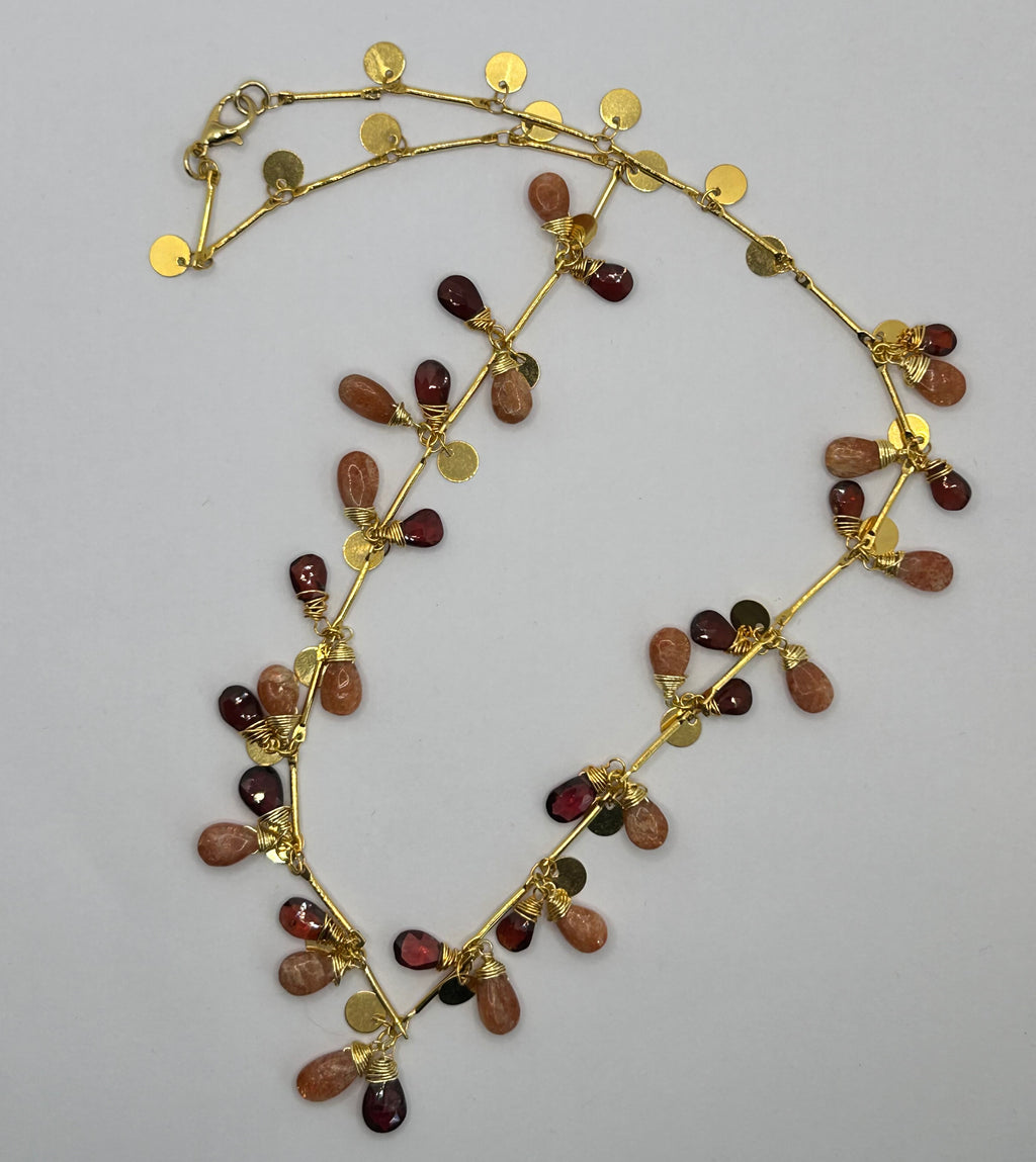 Sunstone & Garnet on 24ct Gold Coin Plate Chain