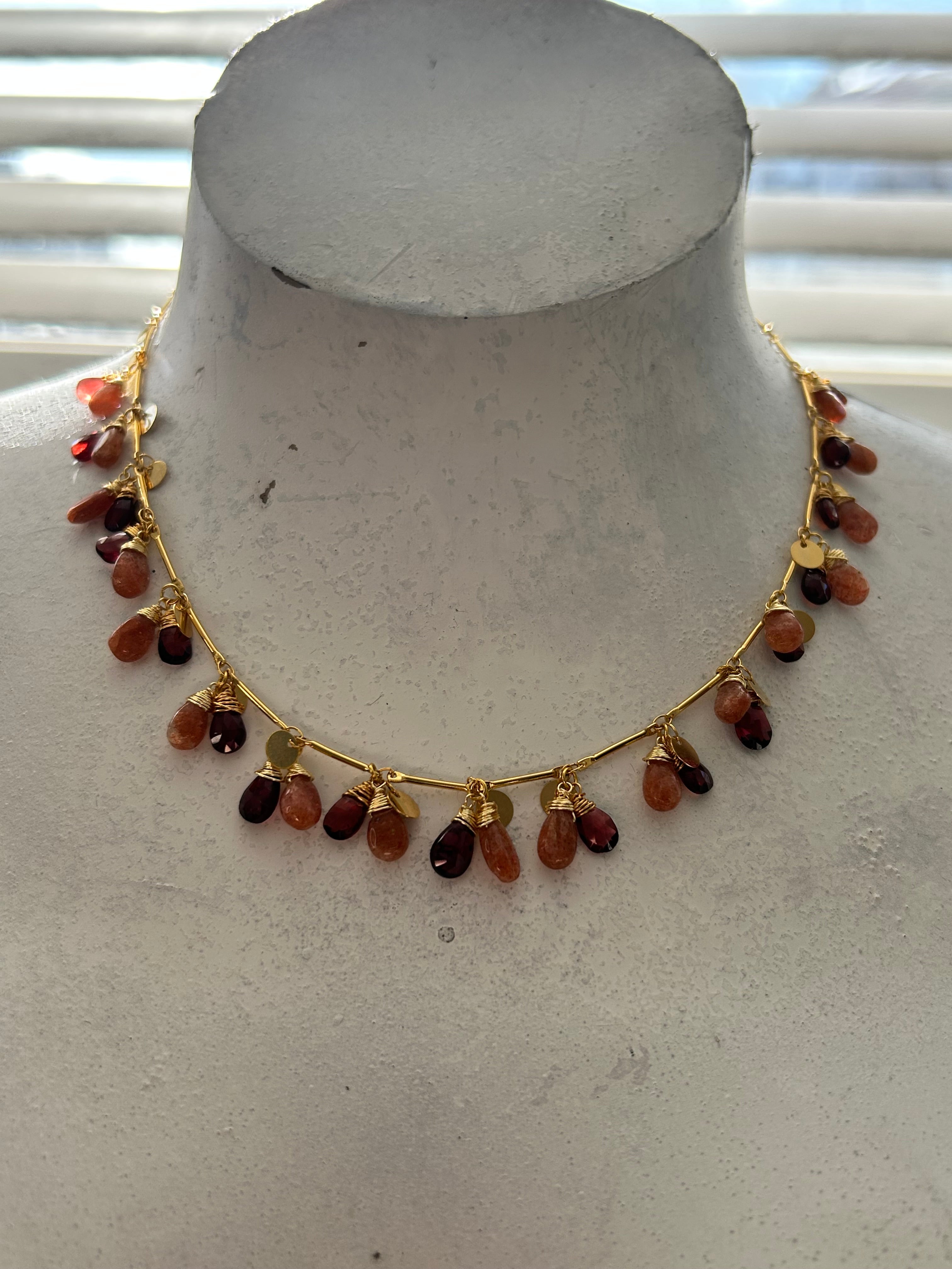 Sunstone & Garnet on 24ct Gold Coin Plate Chain