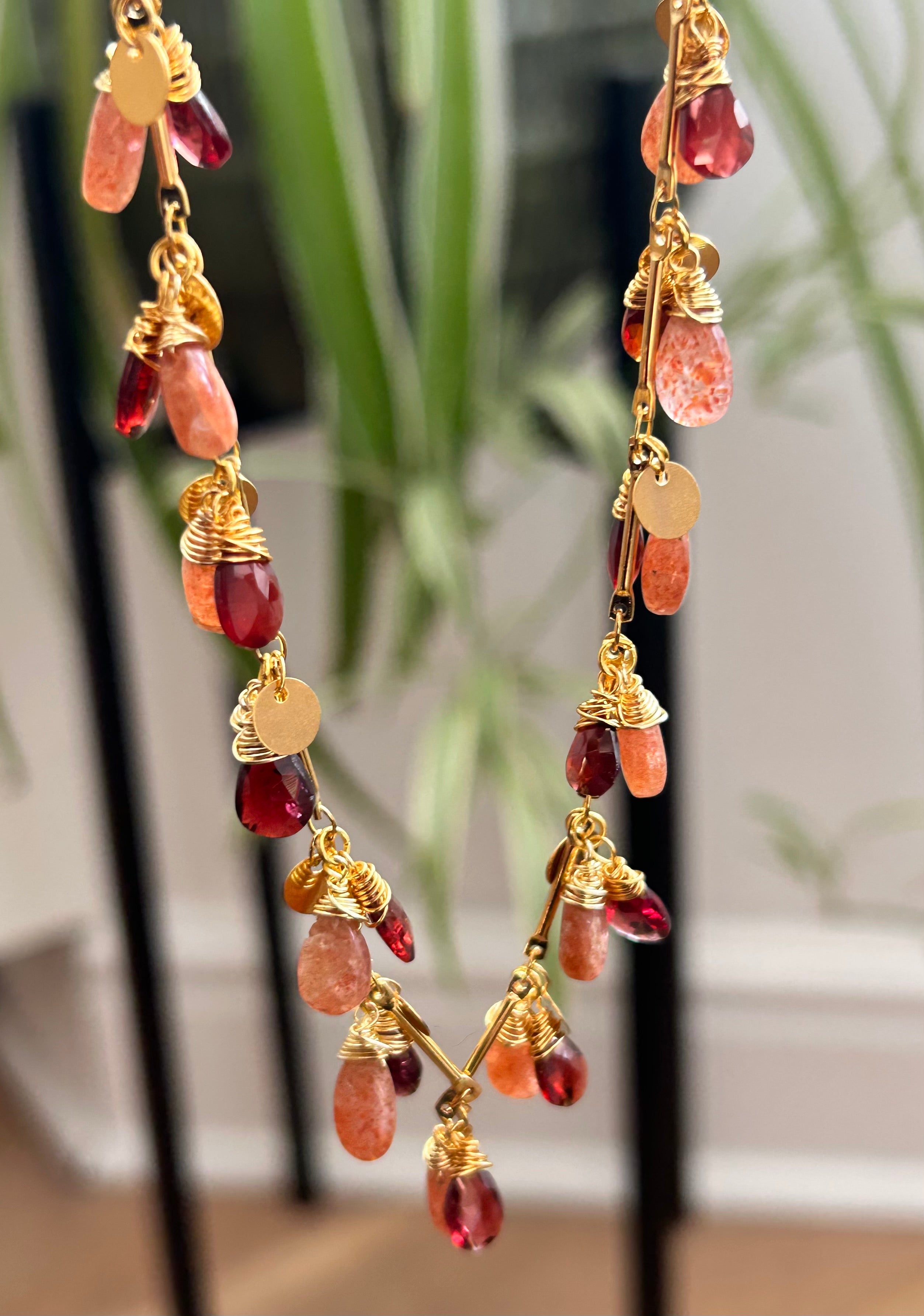 Sunstone & Garnet on 24ct Gold Coin Plate Chain