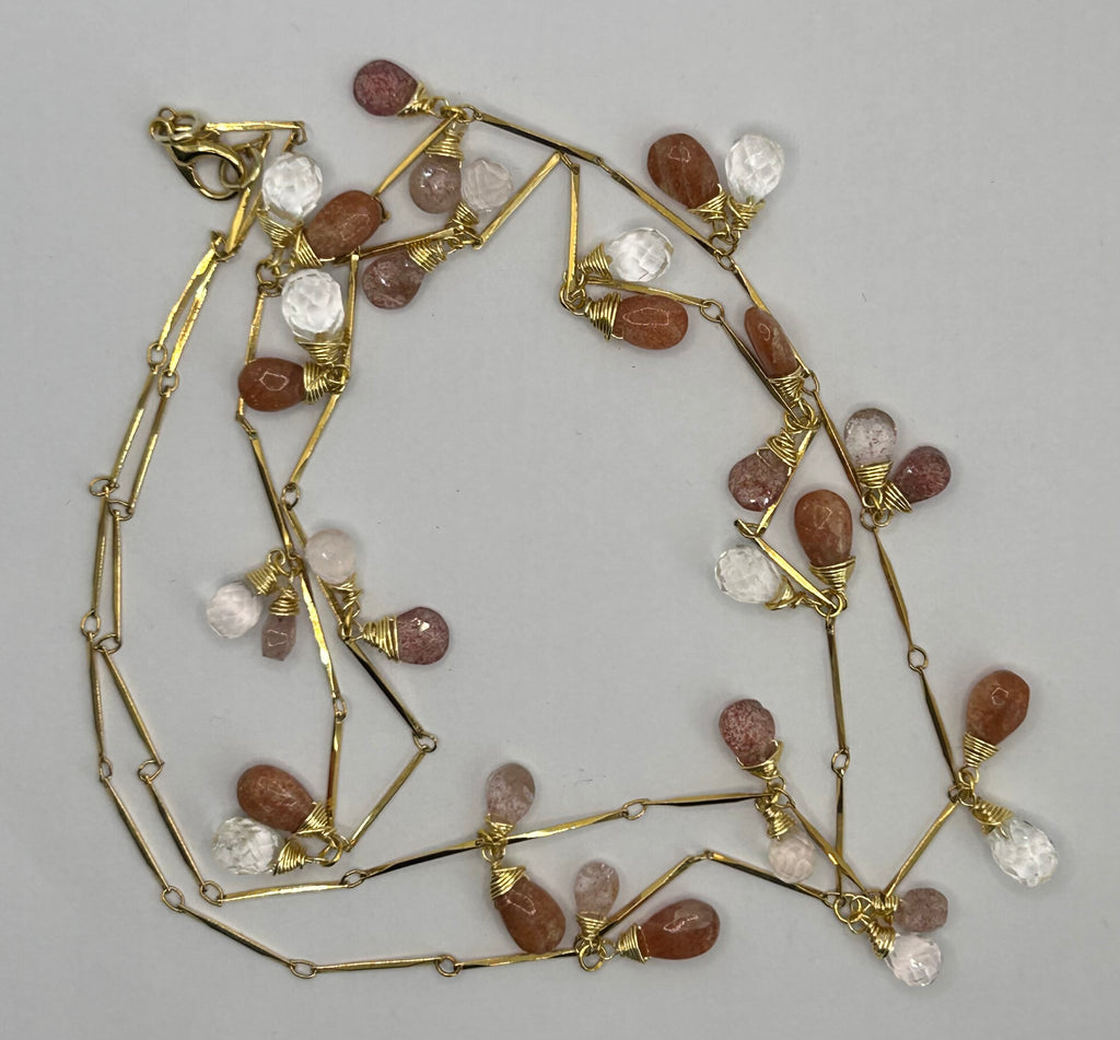 Clear, Rose & Strawberry Quartz with Sunstone Garland on 24ct Gold Plate
