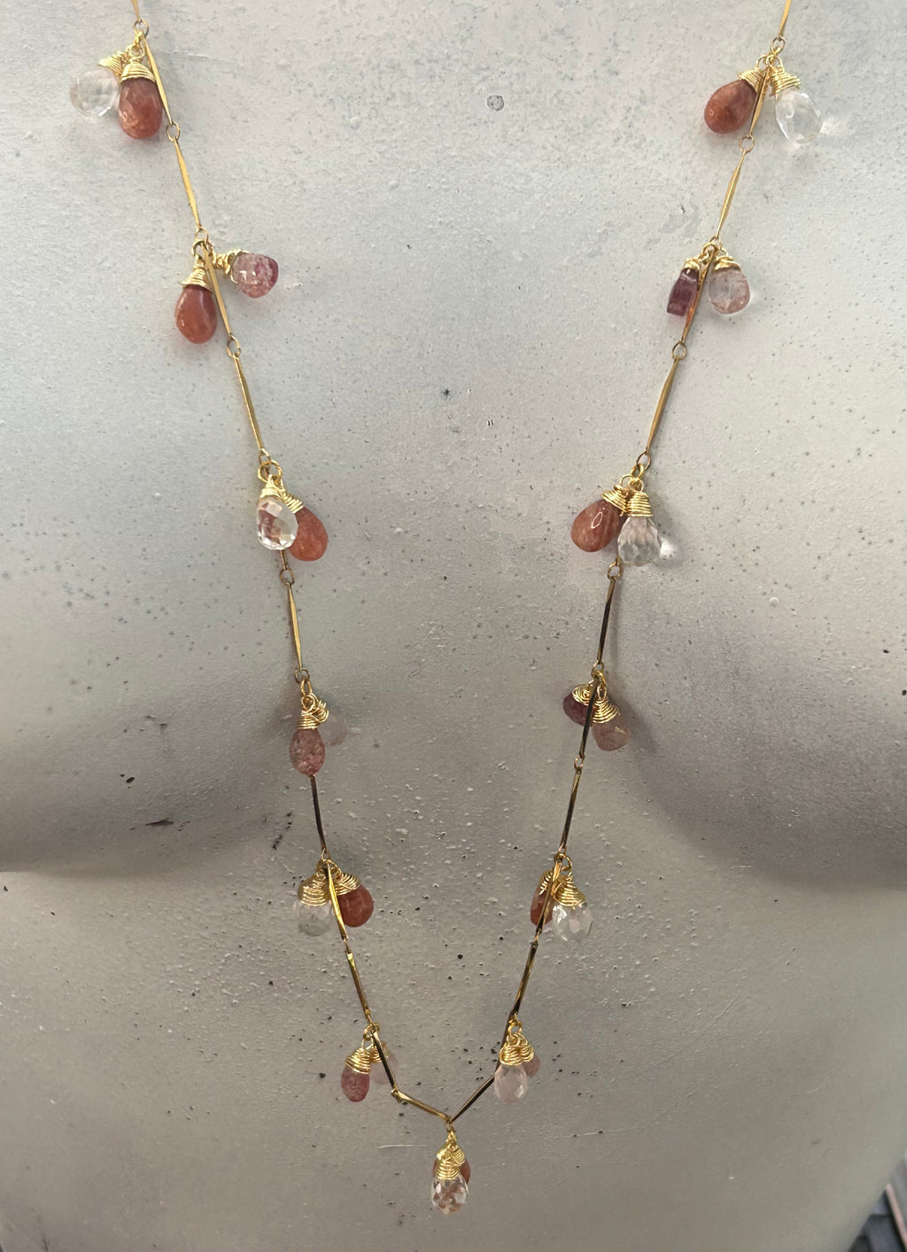 Clear, Rose & Strawberry Quartz with Sunstone Garland on 24ct Gold Plate