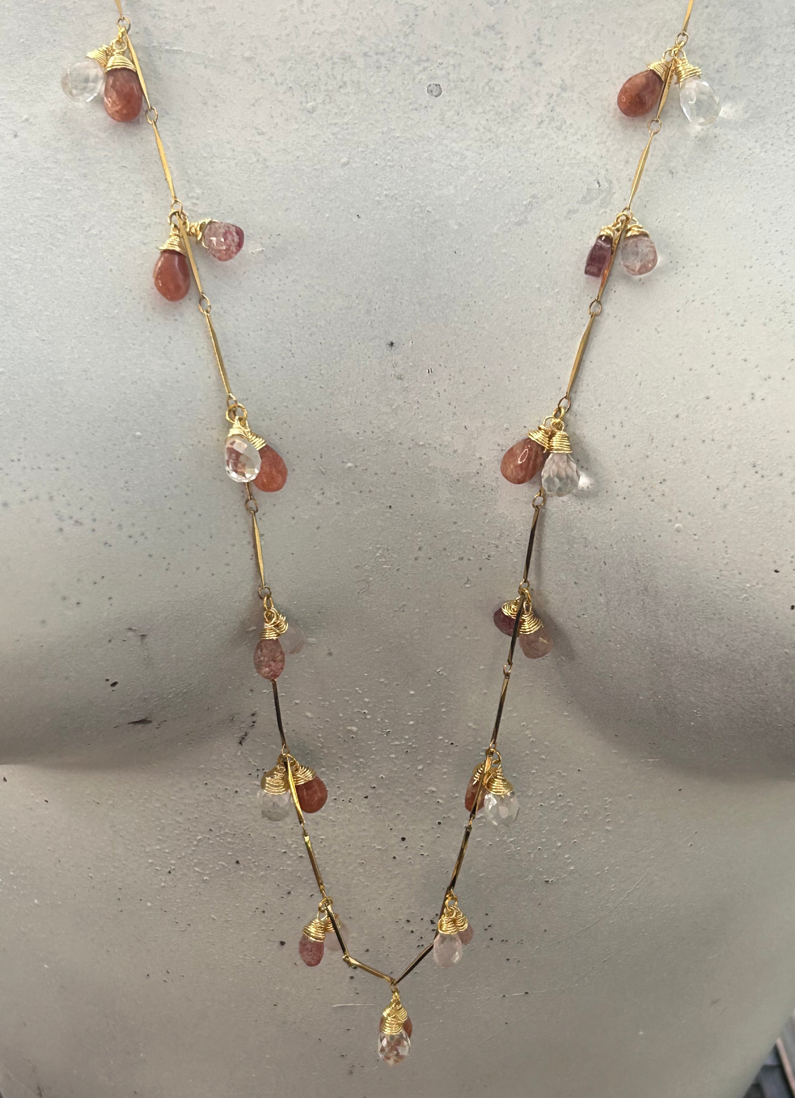 Clear, Rose & Strawberry Quartz with Sunstone Garland on 24ct Gold Plate