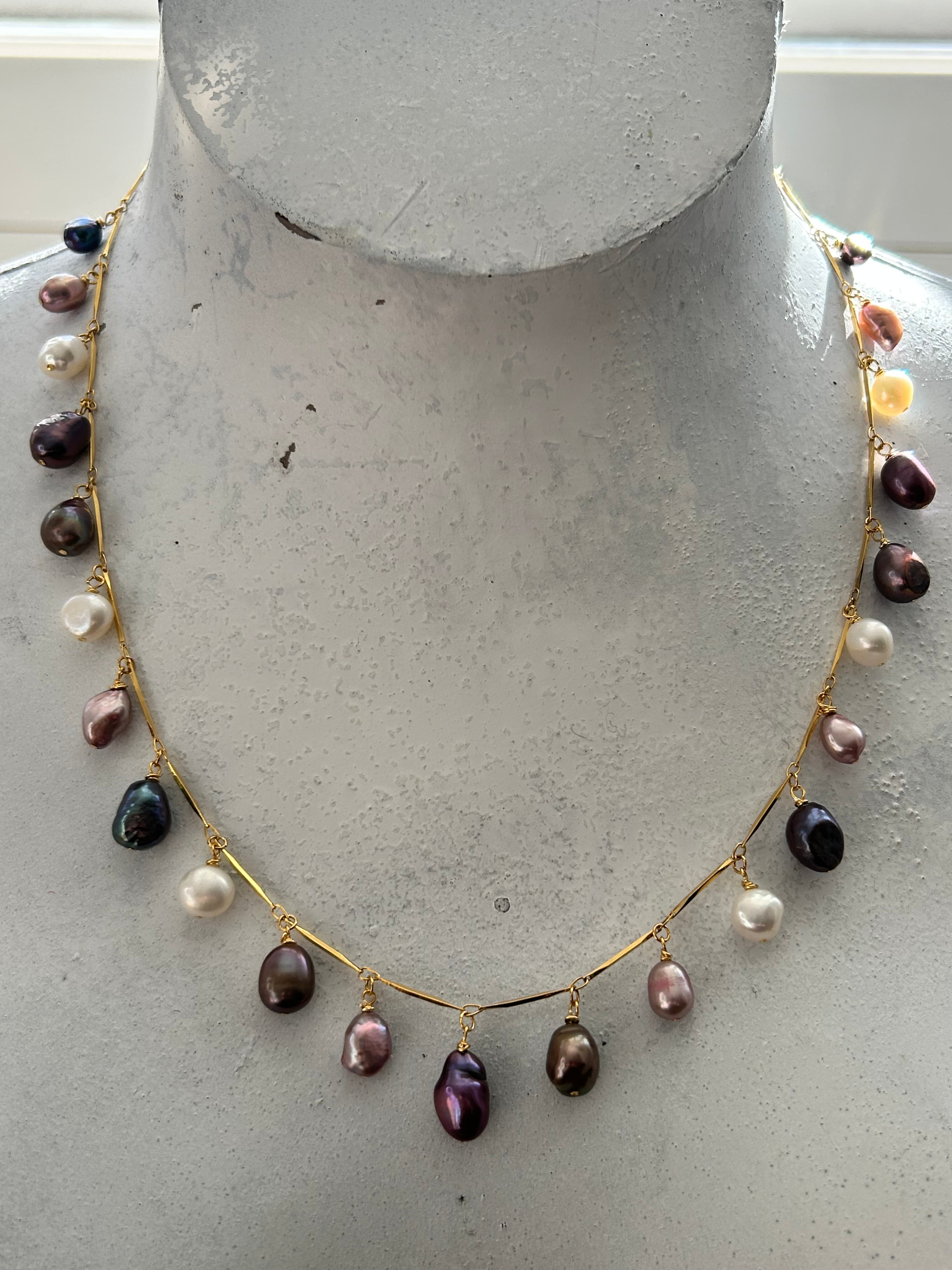 Multi-Colour Baroque Freshwater Pearls on Gold Plate Bubble Garland Necklace