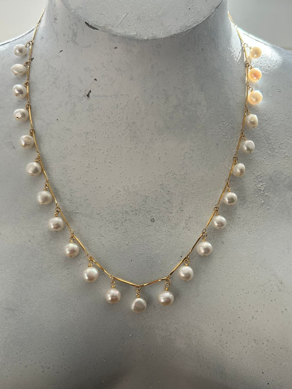 White Baroque Freshwater Pearls on Gold Plate Bubble Garland Necklace