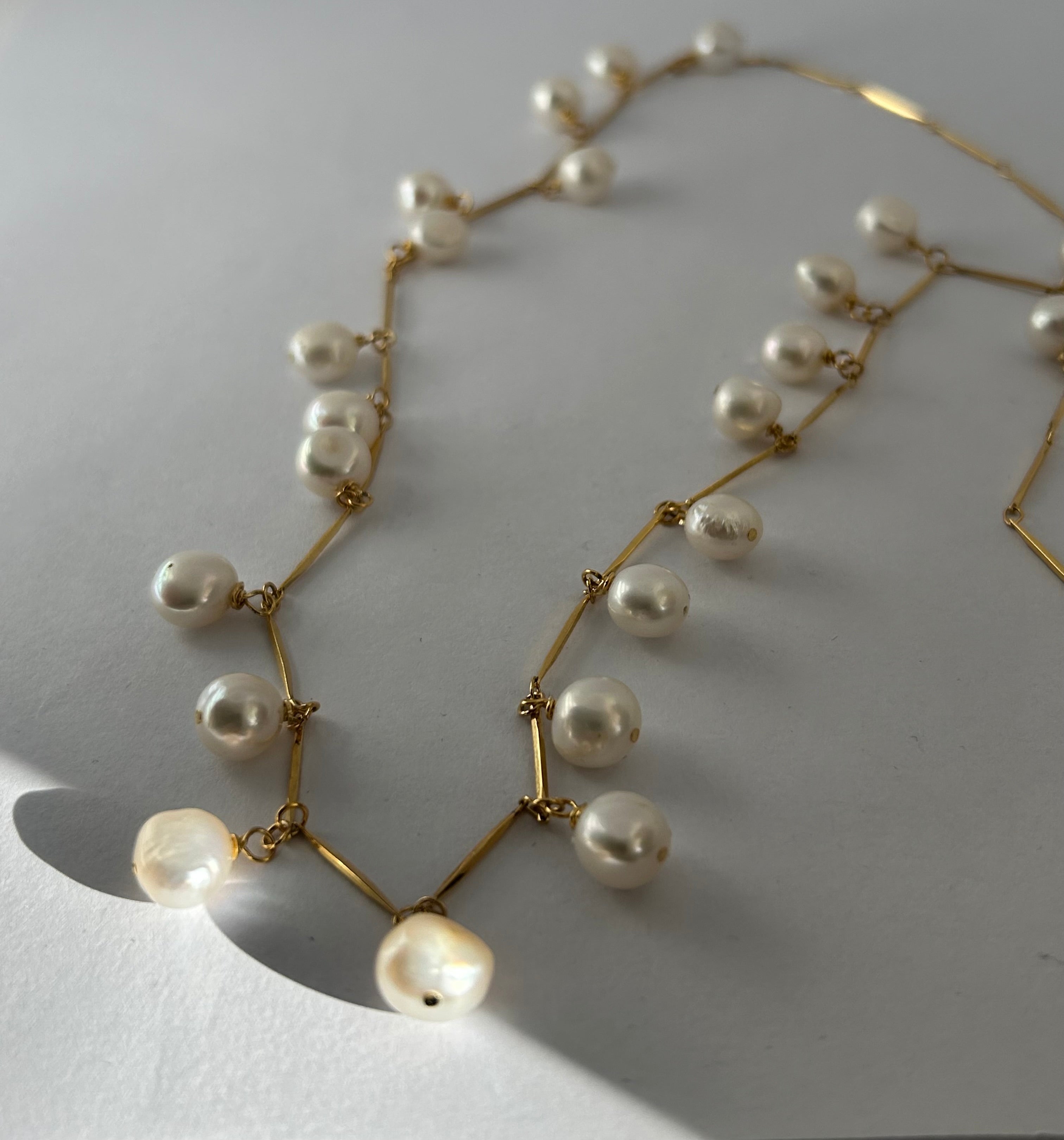 White Baroque Freshwater Pearls on Gold Plate Bubble Garland Necklace