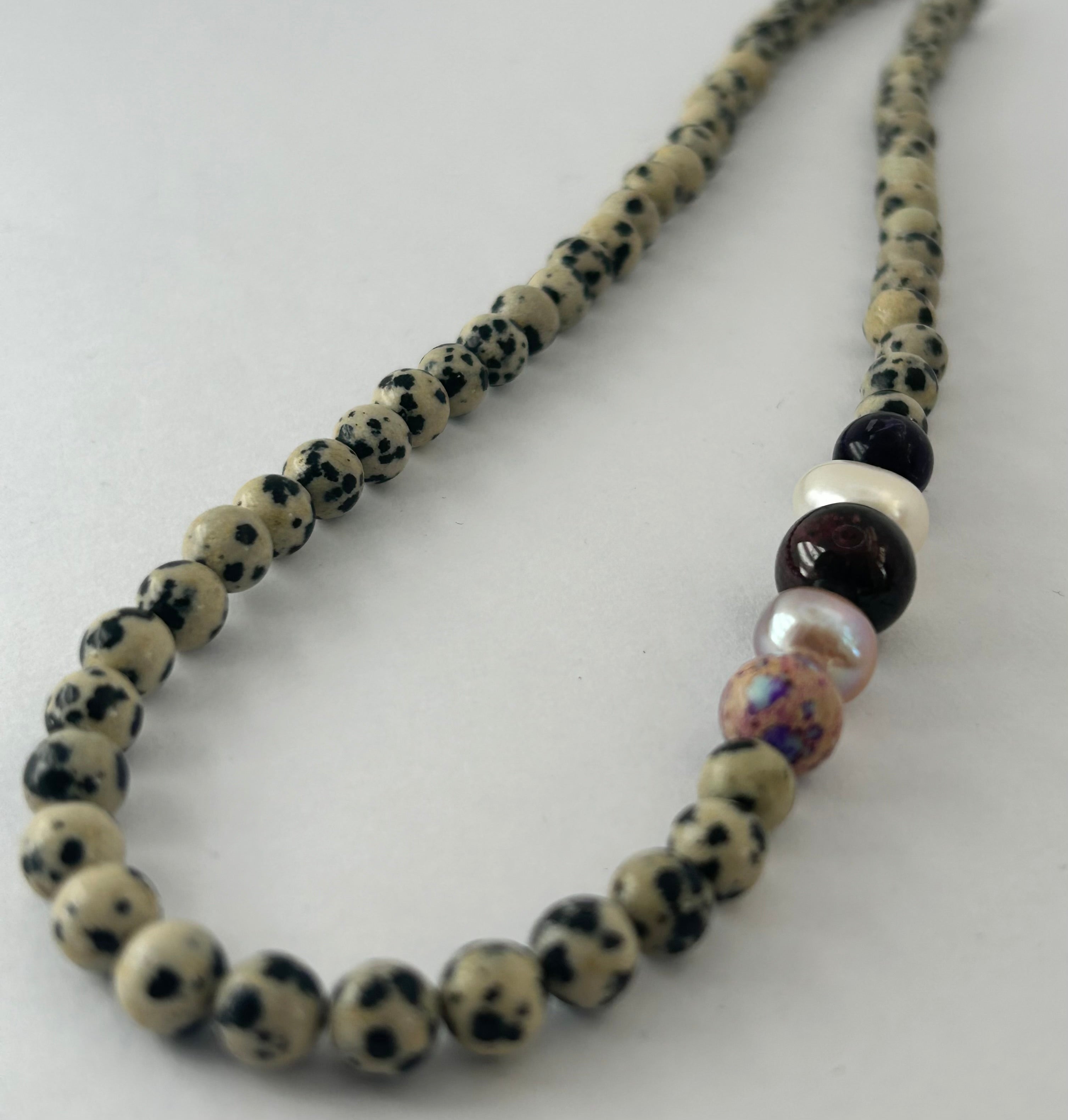 Dalmation Jasper, Amethyst, Pearl, Garnet & Galactic Jasper Necklace