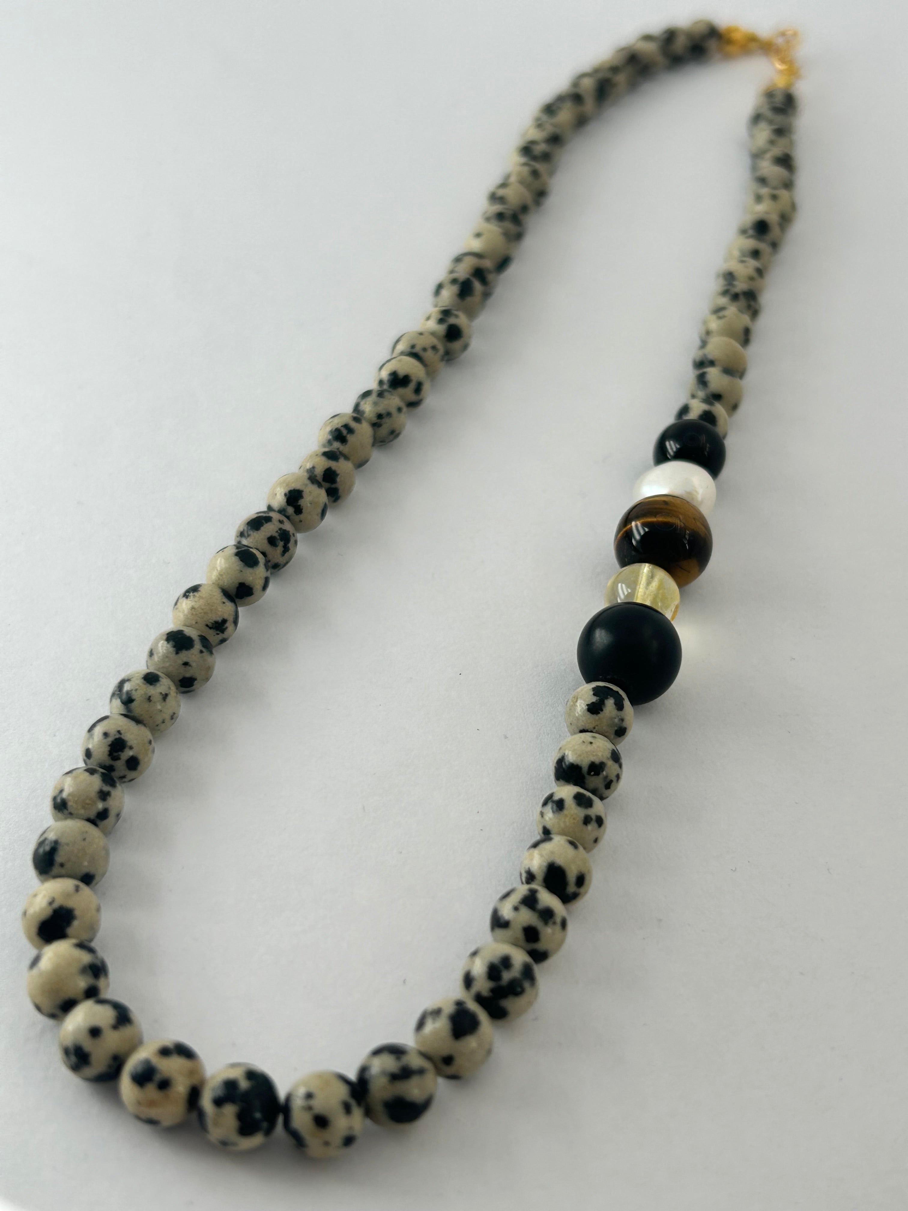 Dalmation Jasper, Pearl, Onyx, Citrine & Tiger's Eye Necklace