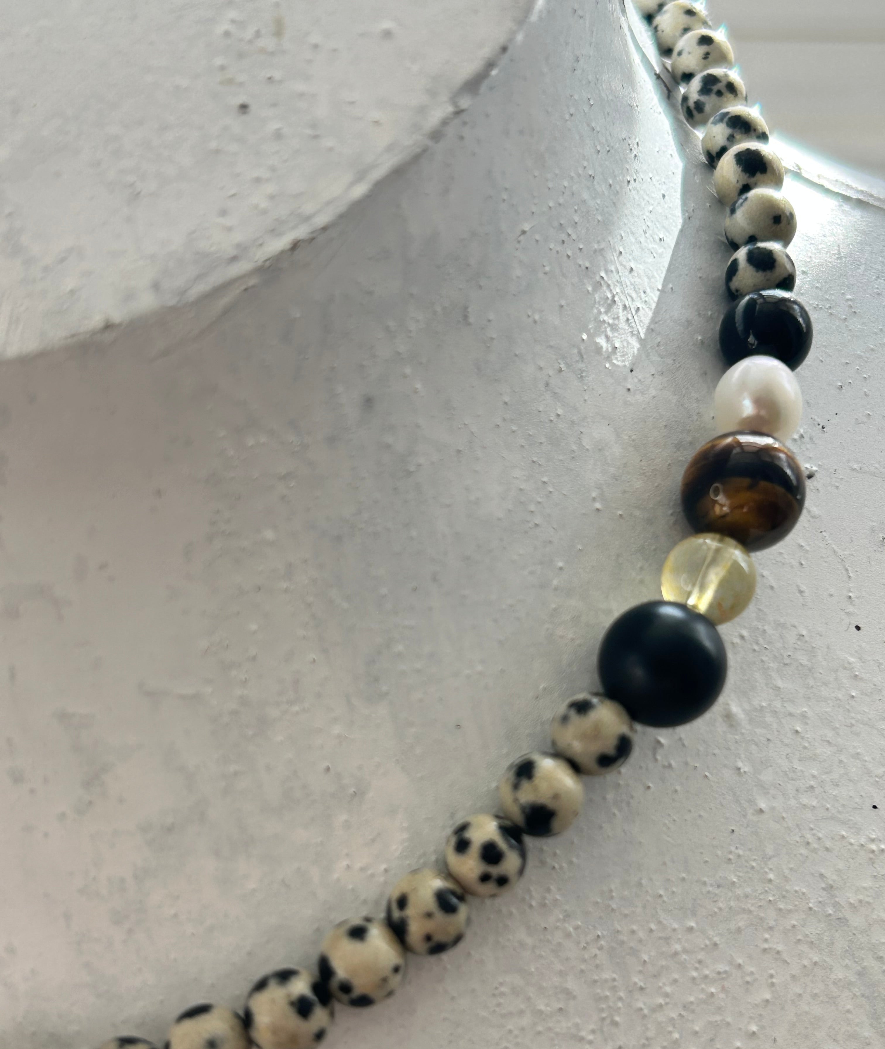 Dalmation Jasper, Pearl, Onyx, Citrine & Tiger's Eye Necklace
