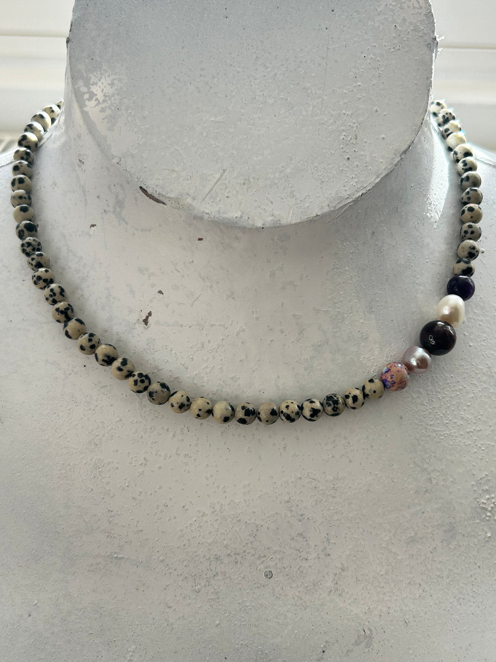 Dalmation Jasper, Amethyst, Pearl, Garnet & Galactic Jasper Necklace
