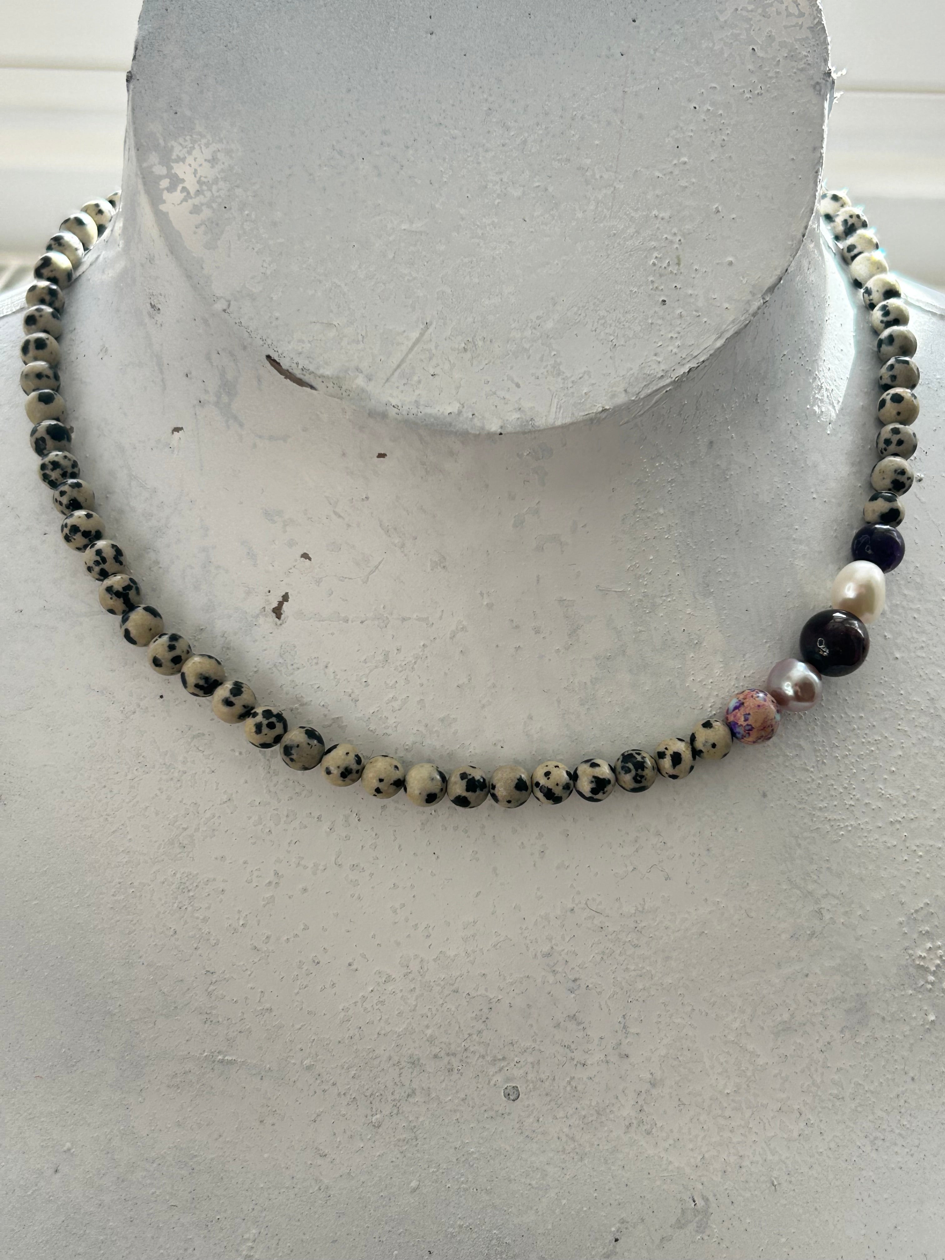 Dalmation Jasper, Amethyst, Pearl, Garnet & Galactic Jasper Necklace