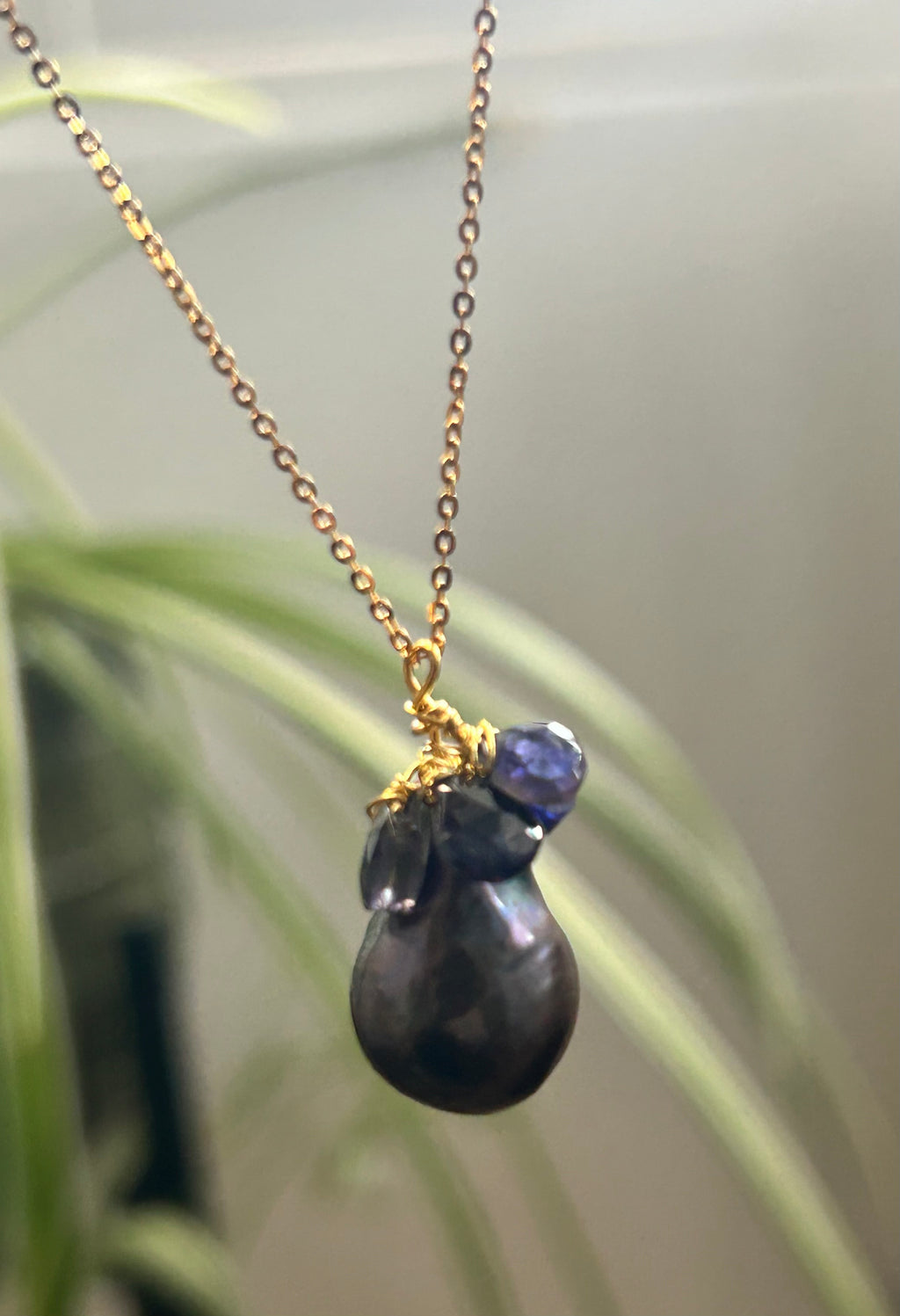 Iolite & Flame Pearl on 14ct Gold Filled Chain