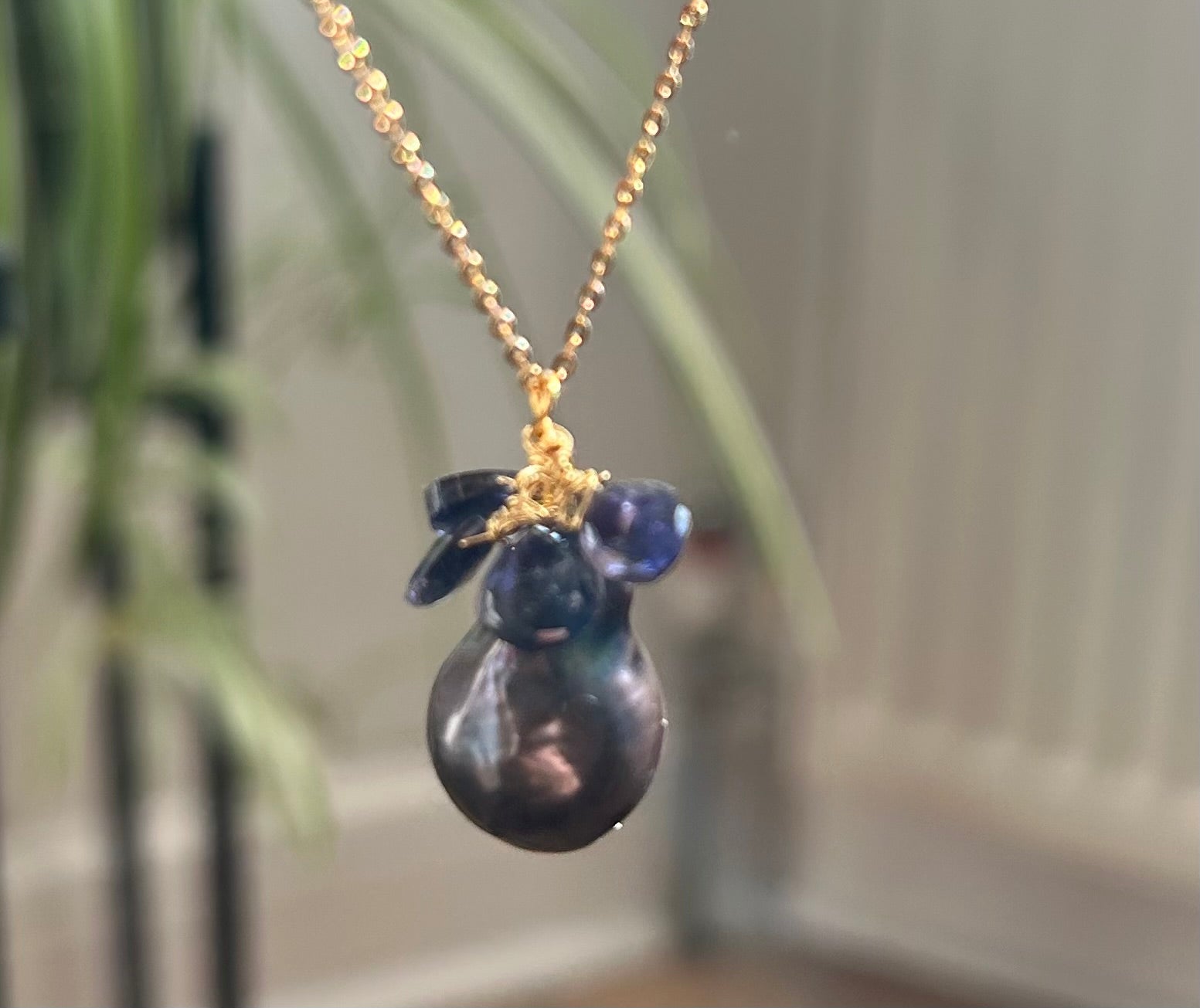 Iolite & Flame Pearl on 14ct Gold Filled Chain