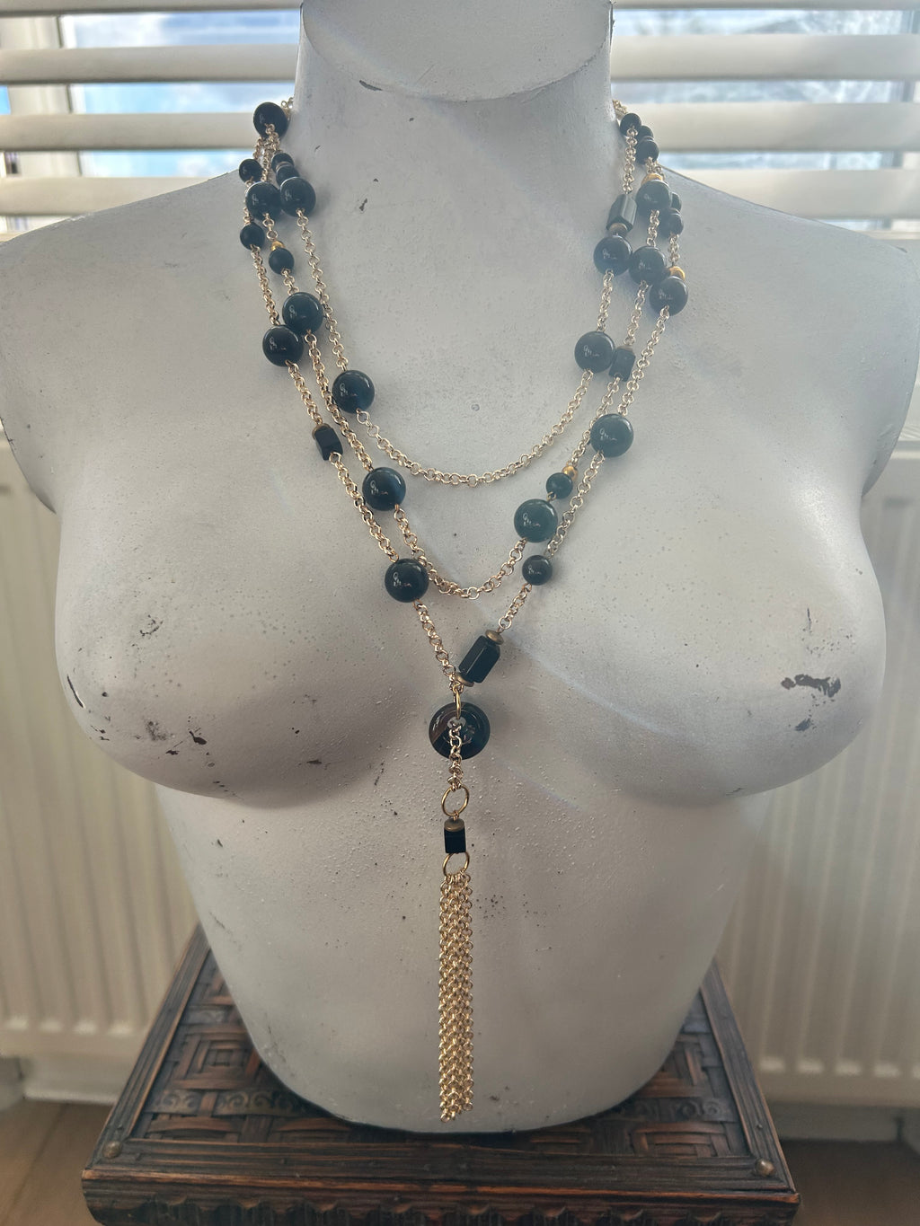 Multi-Strand Obsidian 24ct Gold Plate Tassel chain necklace