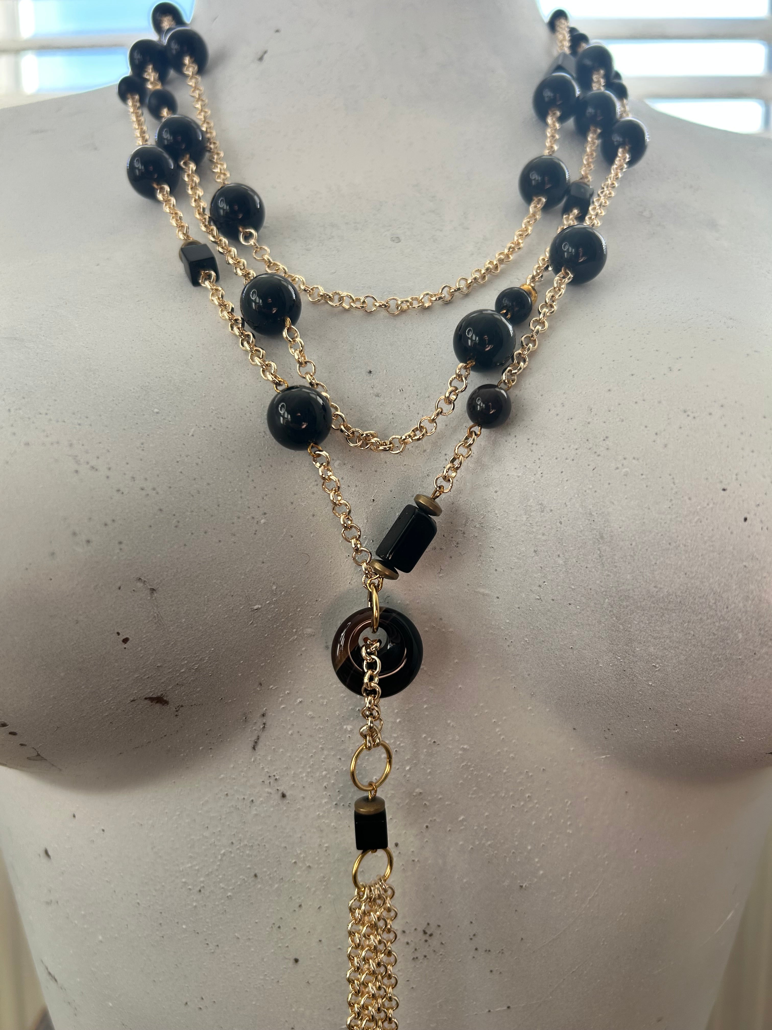 Multi-Strand Obsidian 24ct Gold Plate Tassel chain necklace