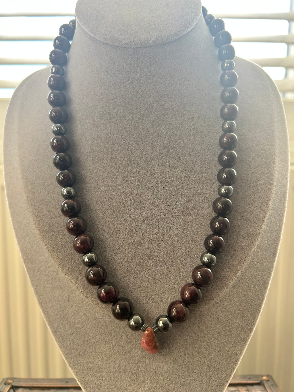 Garnet, Hematite & Rhodonite on Steel Necklace