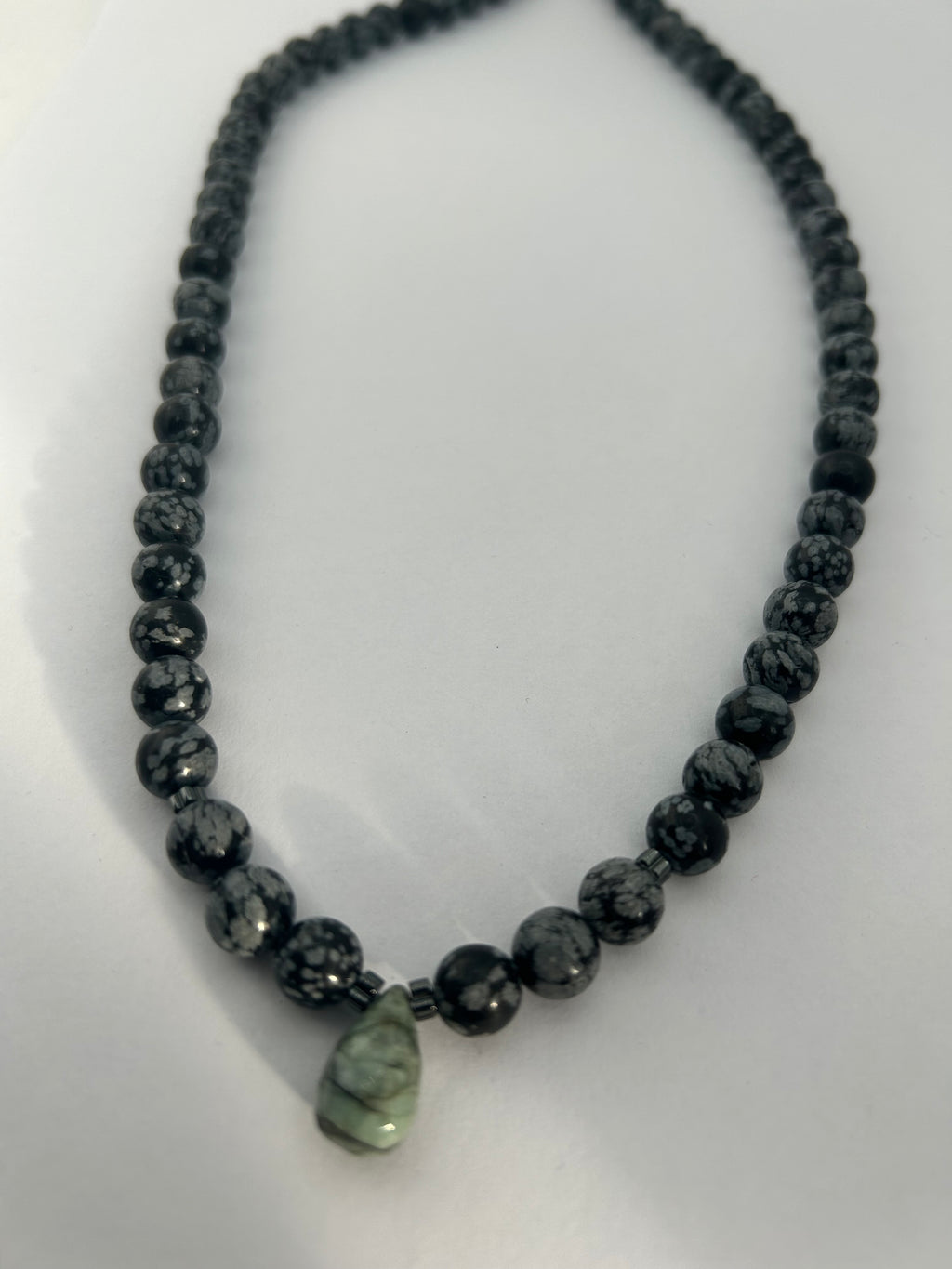 Snowflake Obsidian, Hematite & Emerald on Steel Necklace