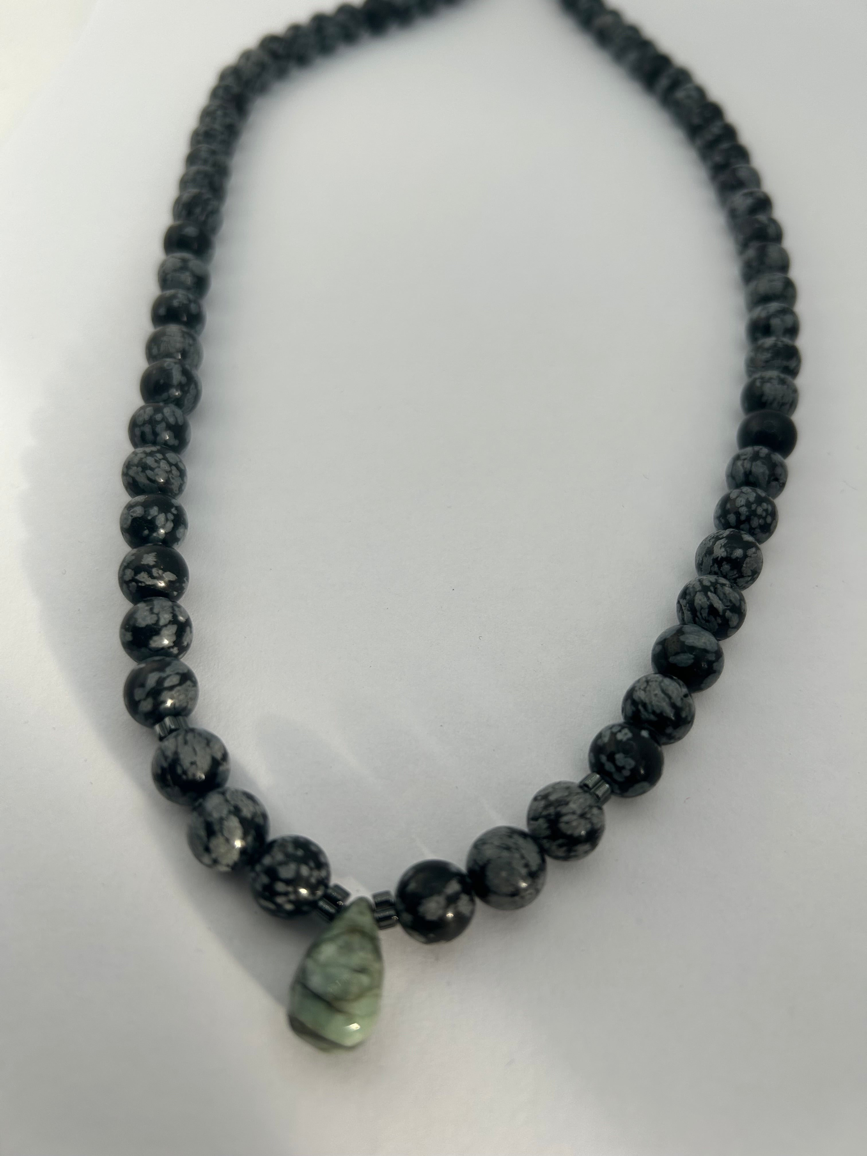 Snowflake Obsidian, Hematite & Emerald on Steel Necklace