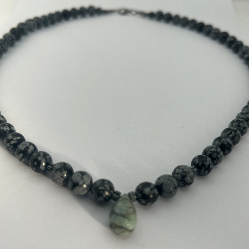 Snowflake Obsidian, Hematite & Emerald on Steel Necklace