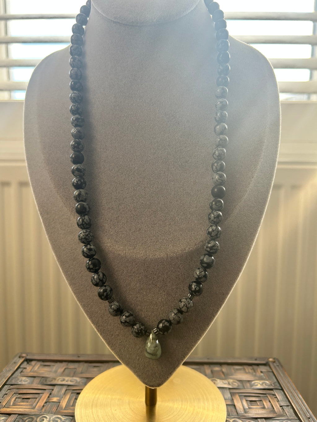 Snowflake Obsidian, Hematite & Emerald on Steel Necklace
