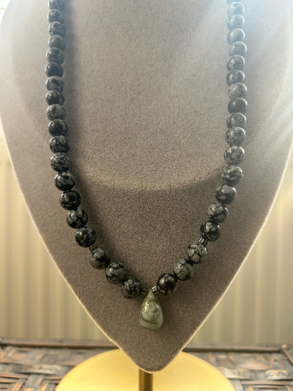 Snowflake Obsidian, Hematite & Emerald on Steel Necklace