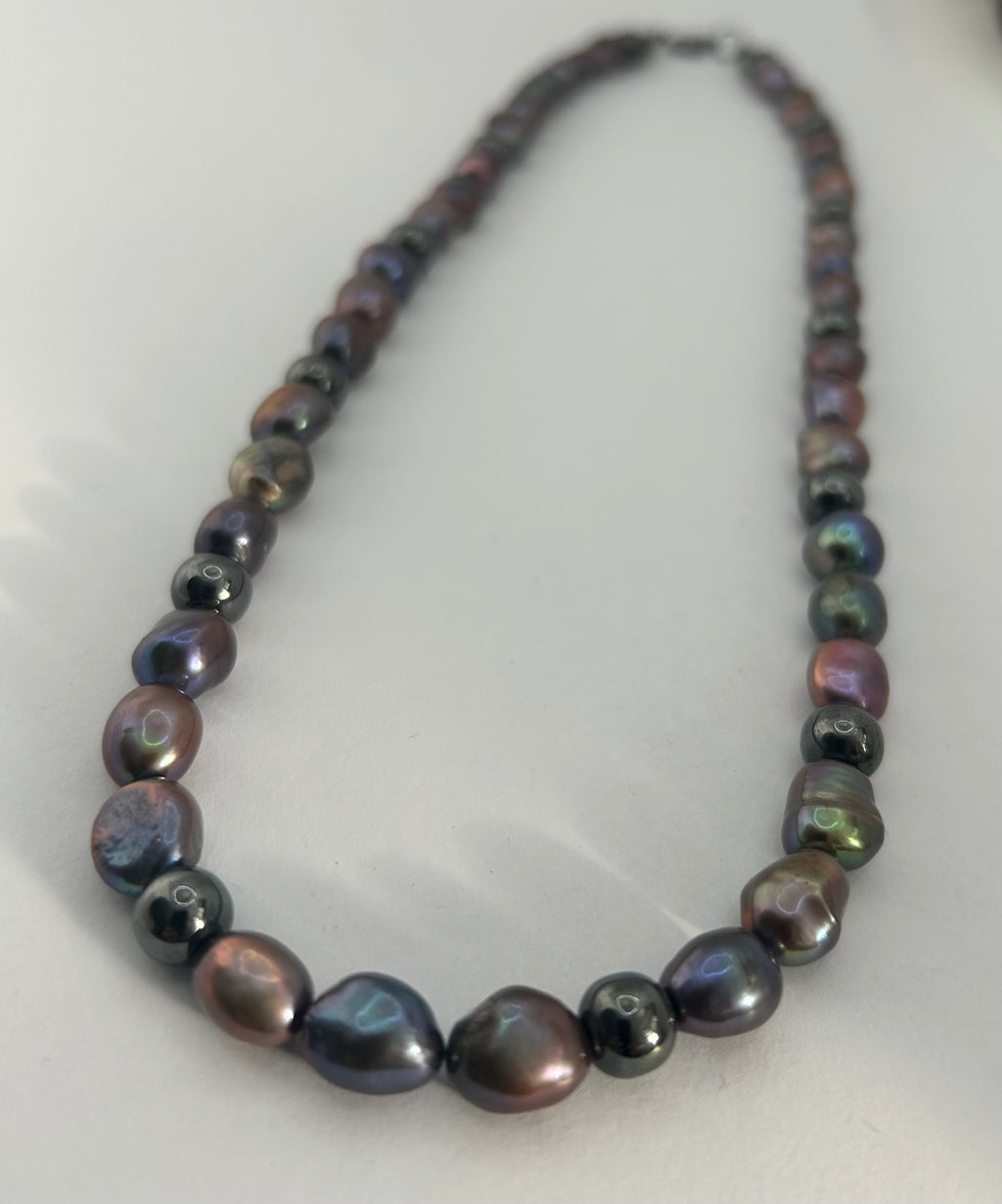 Peacock Pearl & Hematite on Steel Necklace