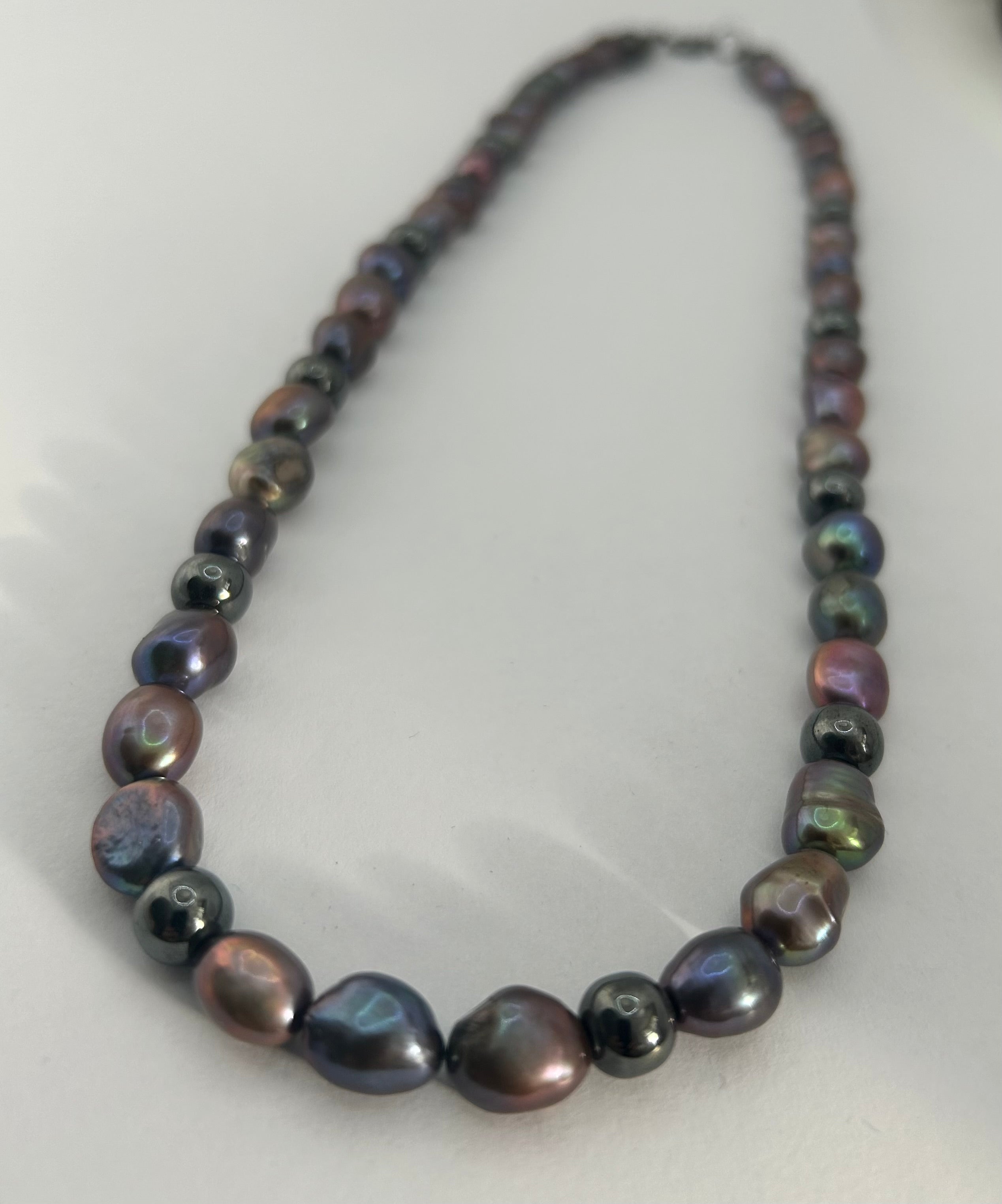 Peacock Pearl & Hematite on Steel Necklace