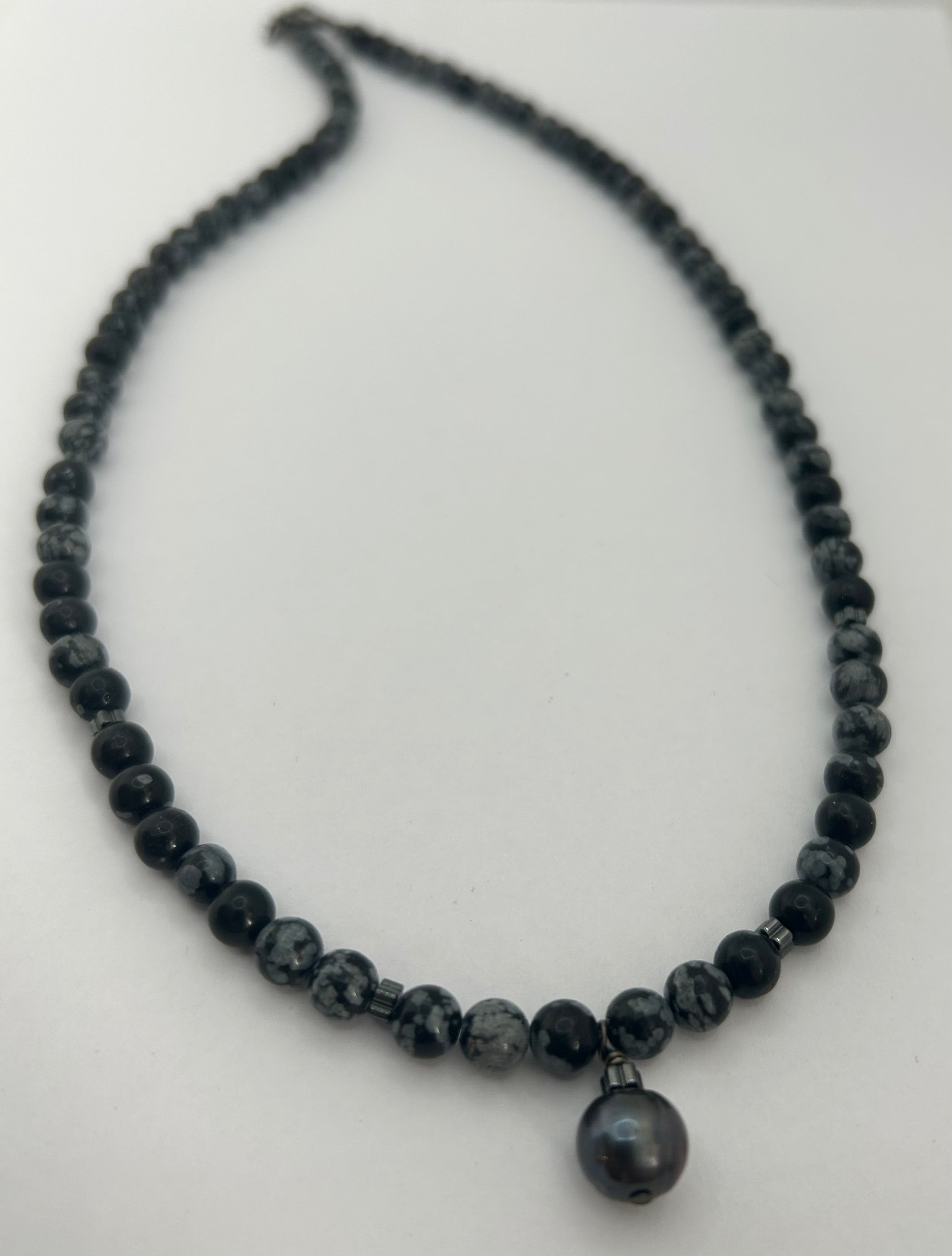 Snowflake Obsidian & Pearl on Steel Necklace