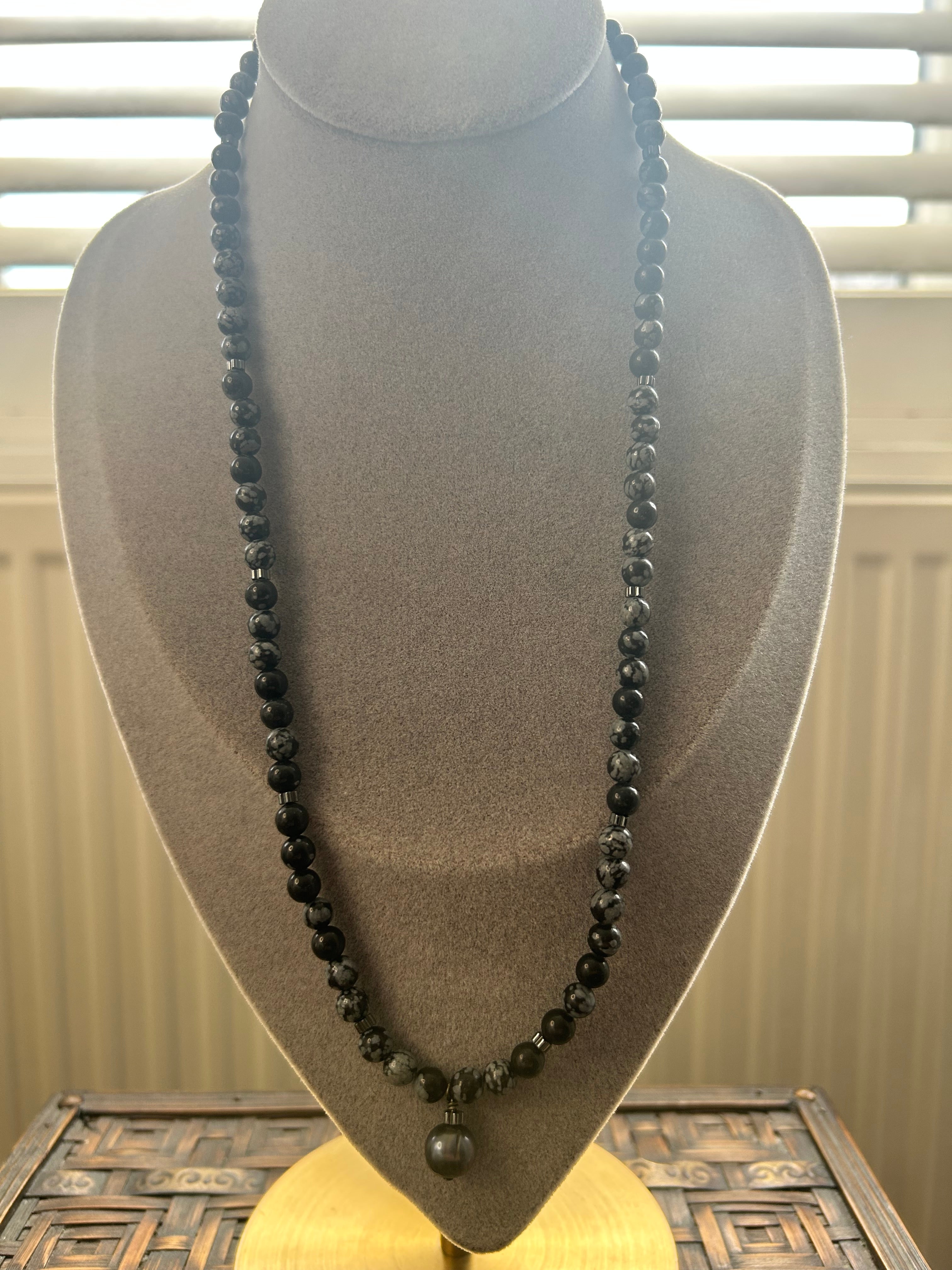 Snowflake Obsidian & Pearl on Steel Necklace