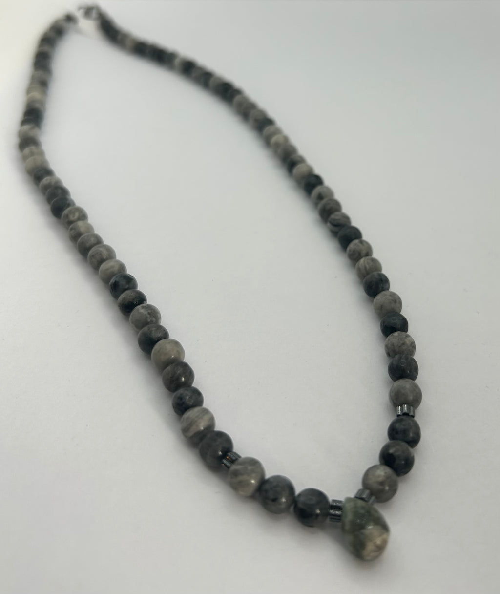 Netstone, Hematite, Larvikite & Emerald on Steel Necklace