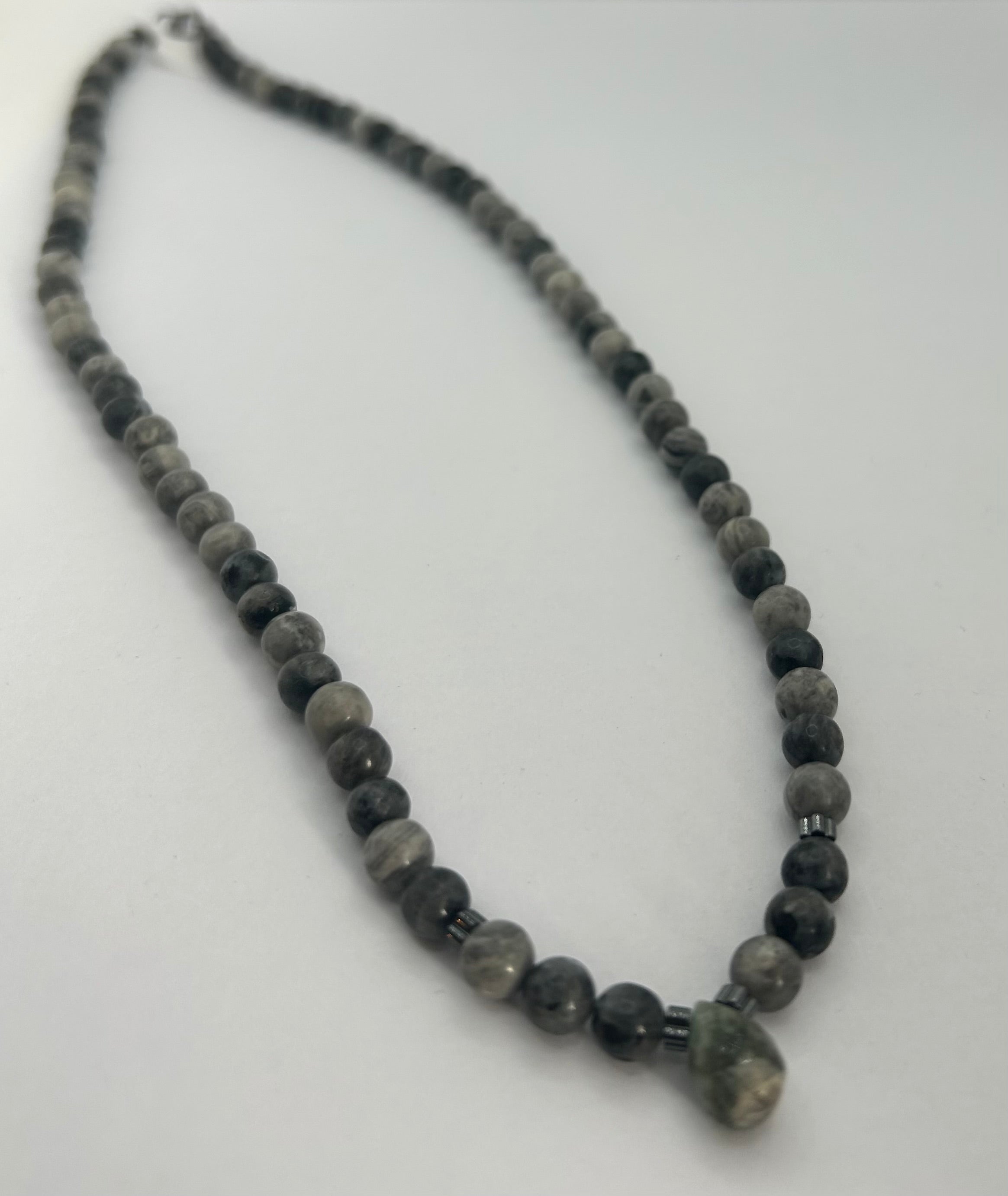 Netstone, Hematite, Larvikite & Emerald on Steel Necklace