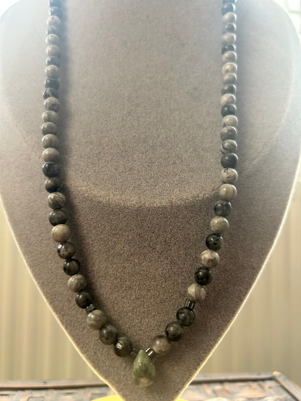 Netstone, Hematite, Larvikite & Emerald on Steel Necklace