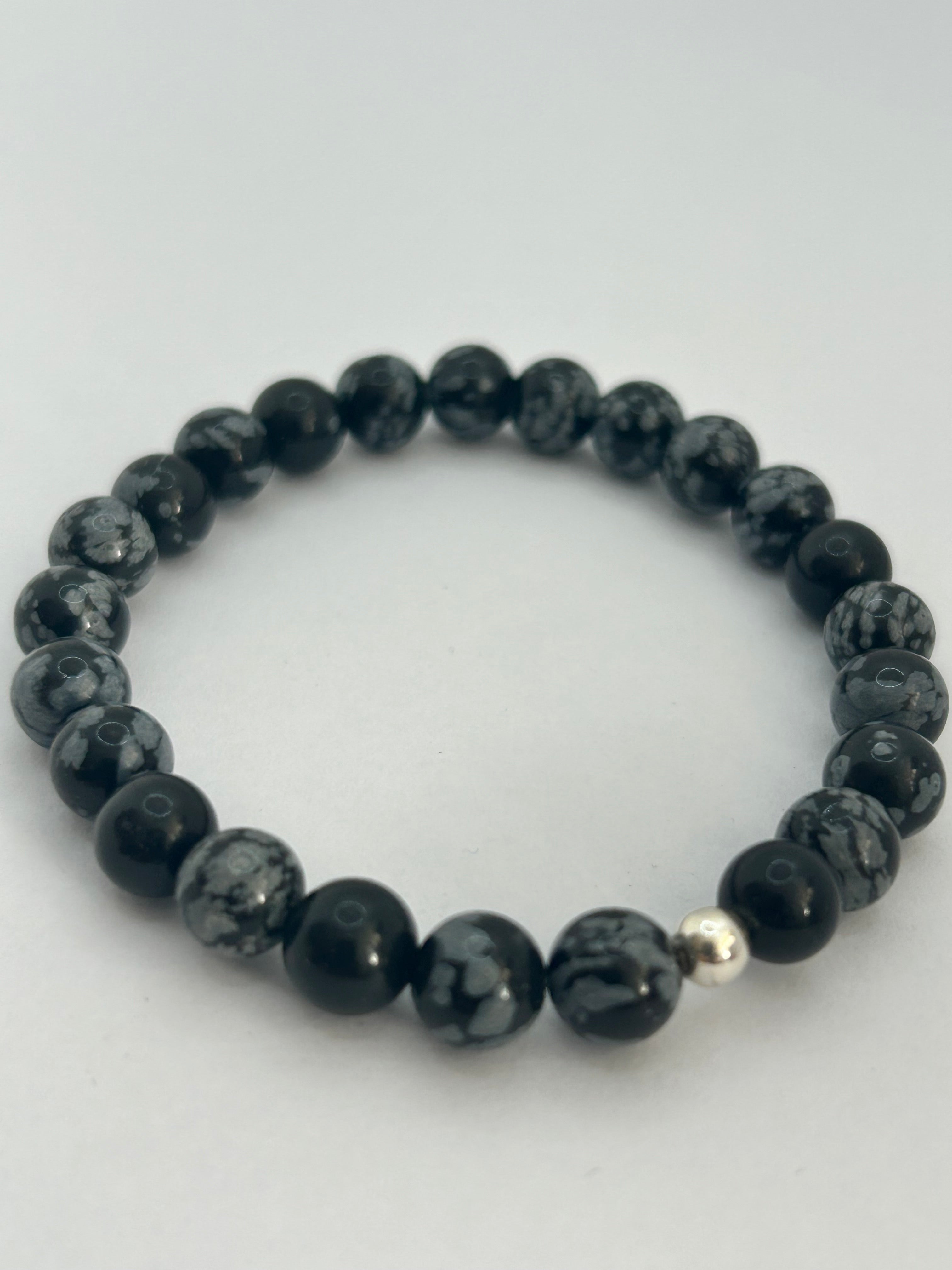 Snowflake Obsidian & Sterling Silver Bead Bracelet - 8mm