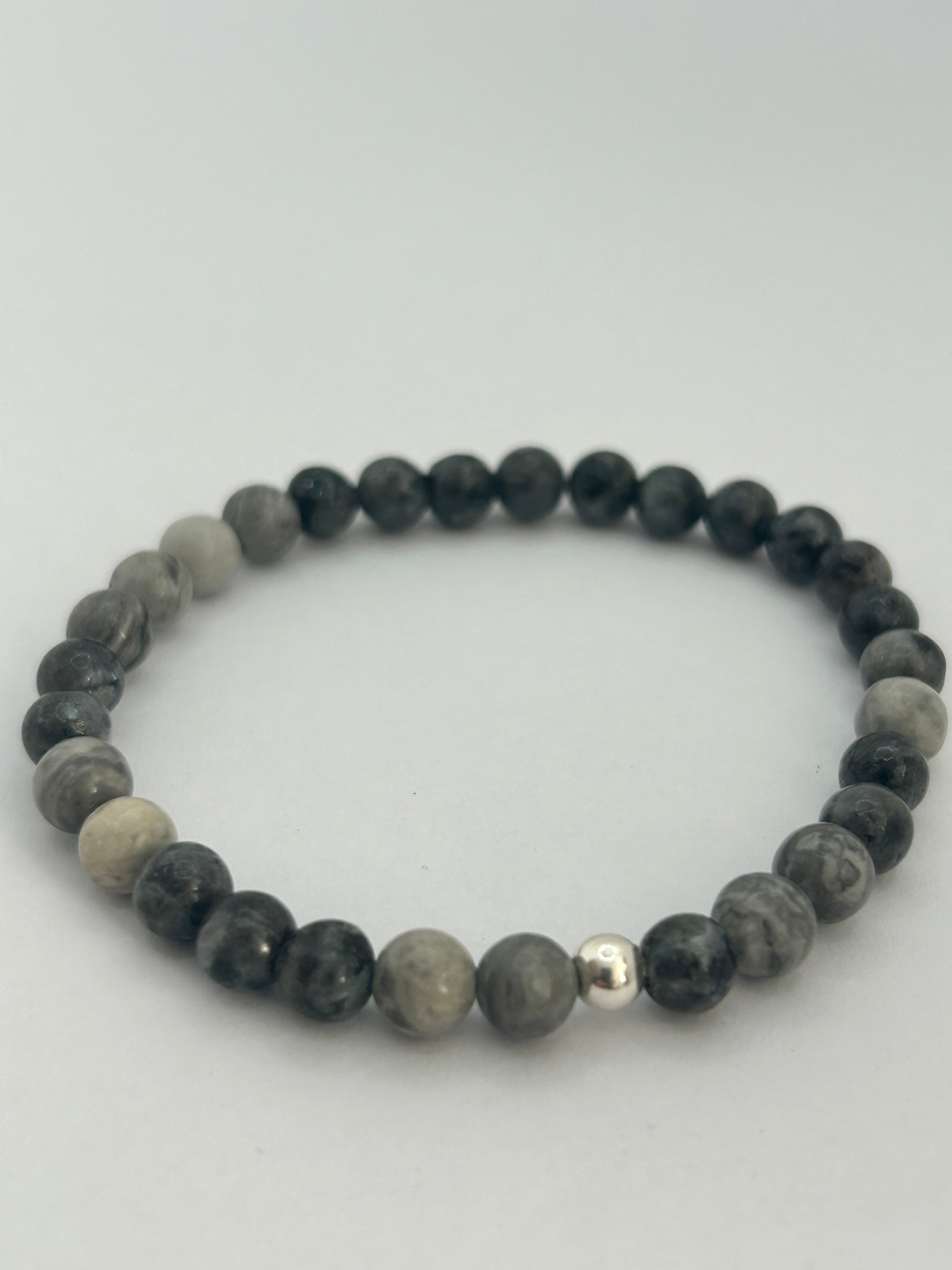 Netstone, Larvikite & Sterling Silver Bead Bracelet