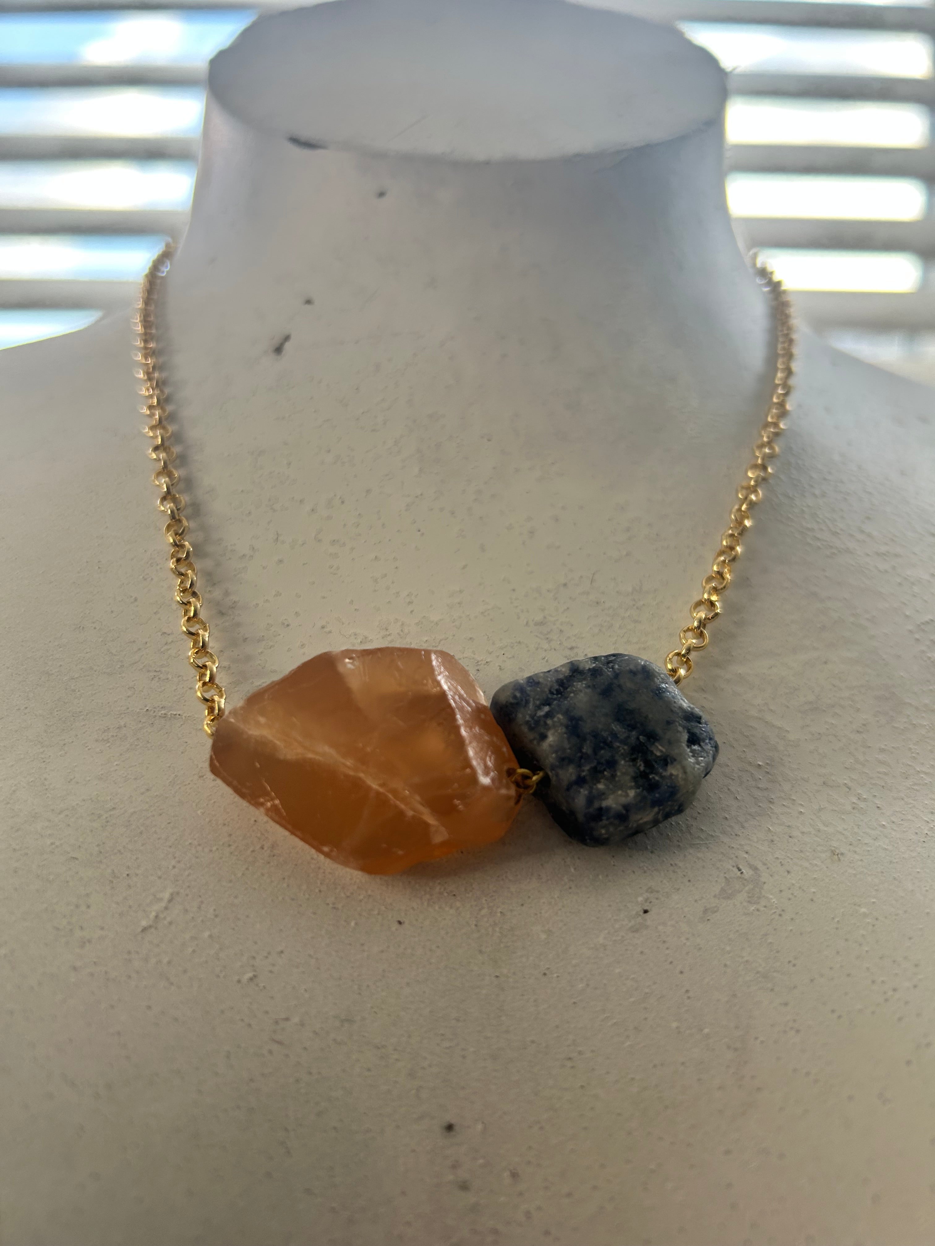 Orange Calcite & Sodalite on Gold Plate