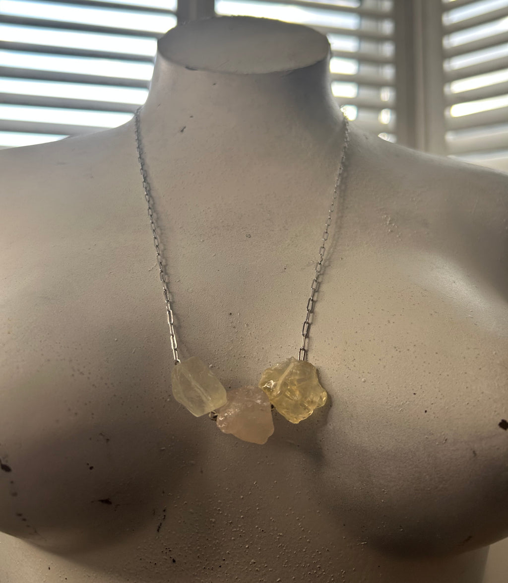 Flourite, Rose Quartz & Citrine on Silver Plate