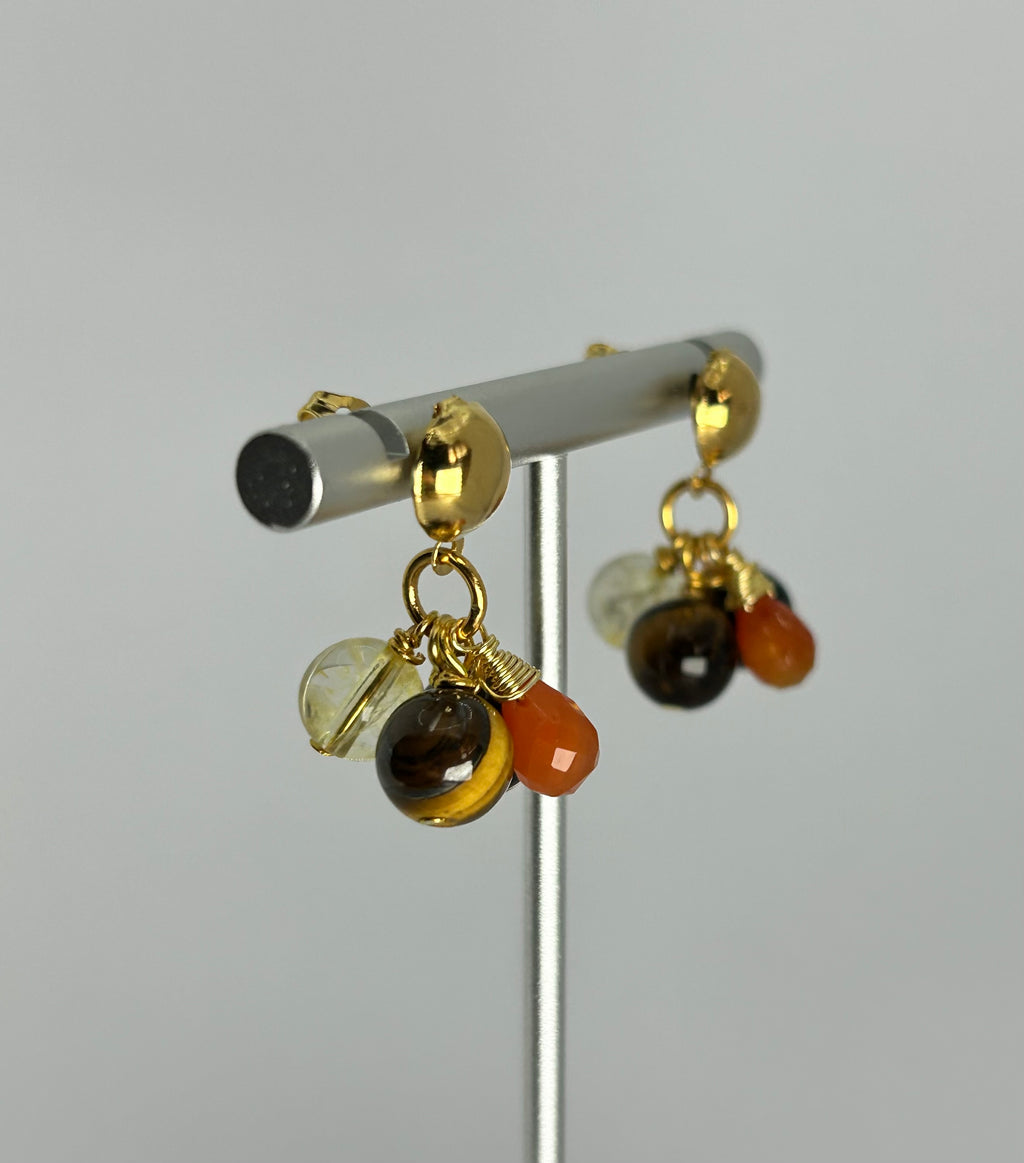 Tiger's Eye, Citrine & Carnelian Cluster on Gold Plate