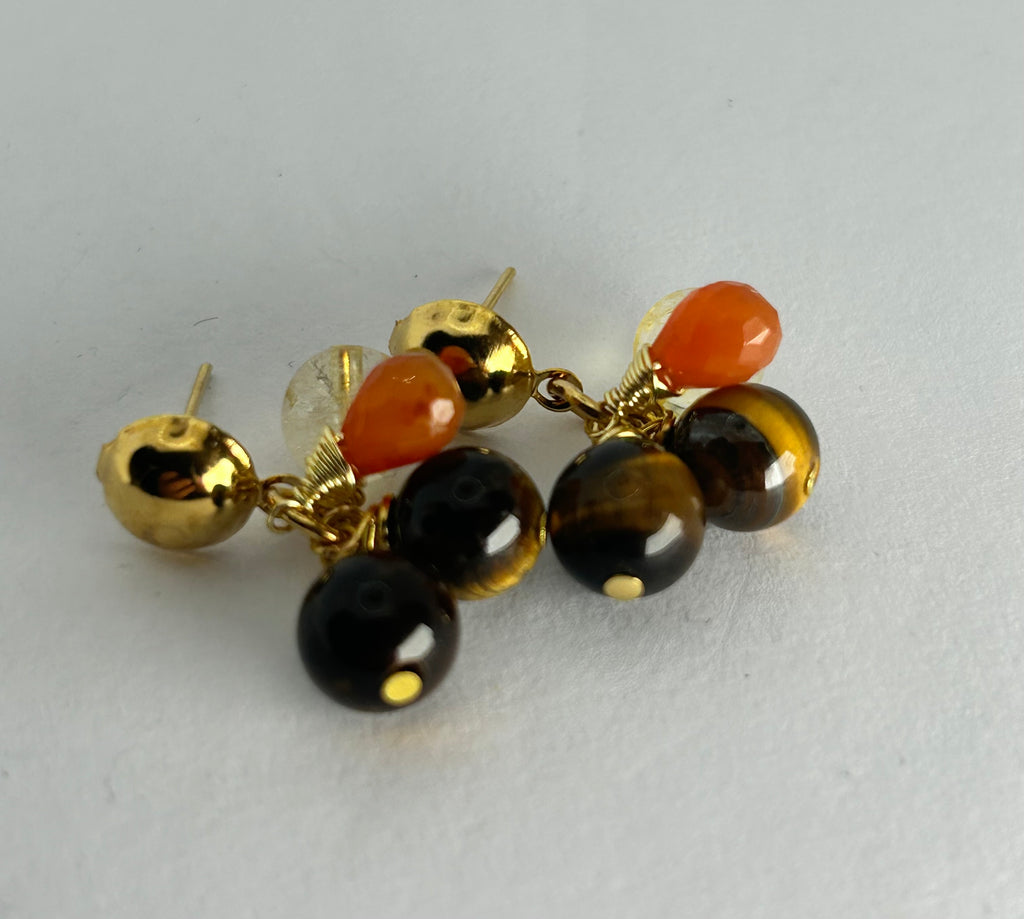 Tiger's Eye, Citrine & Carnelian Cluster on Gold Plate