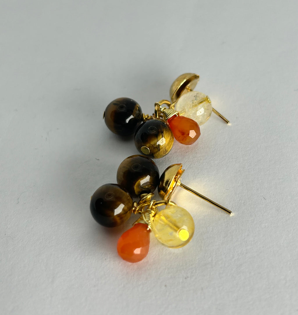 Tiger's Eye, Citrine & Carnelian Cluster on Gold Plate