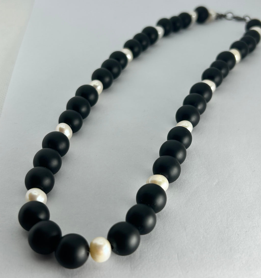 Large Matte Onyx & White Pearl Necklace
