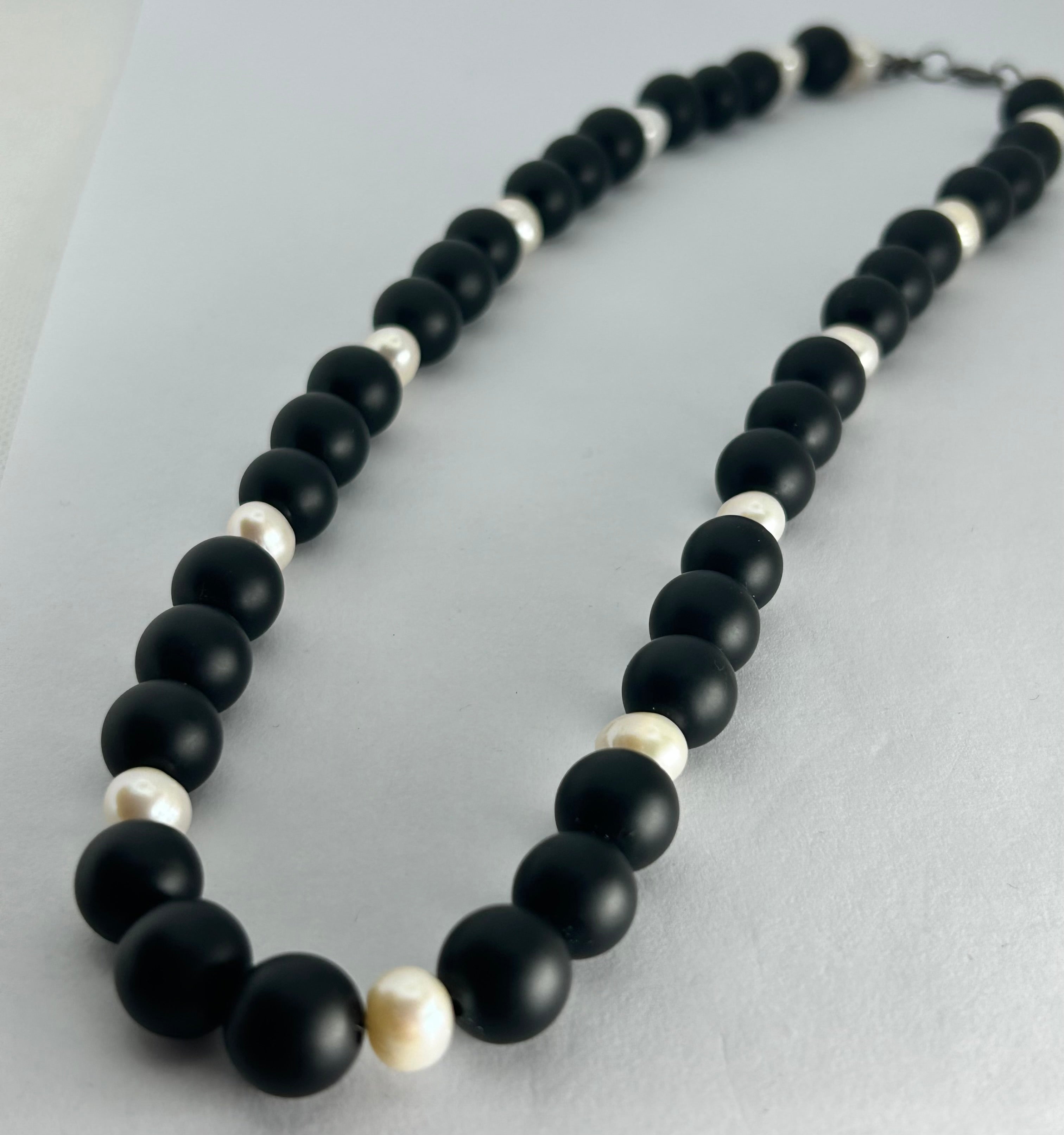 Large Matte Onyx & White Pearl Necklace