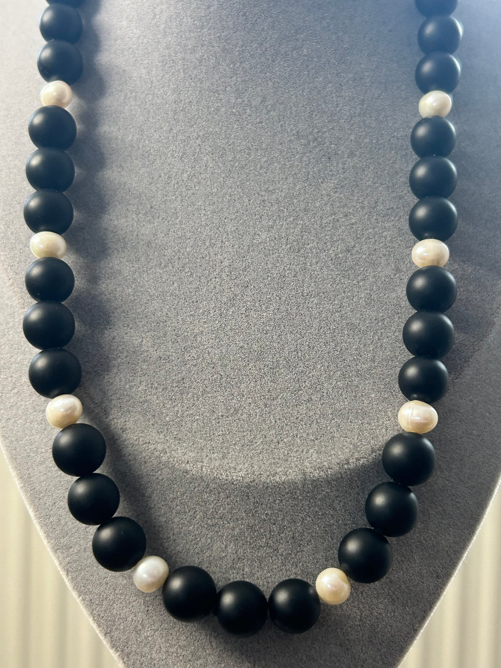 Large Matte Onyx & White Pearl Necklace