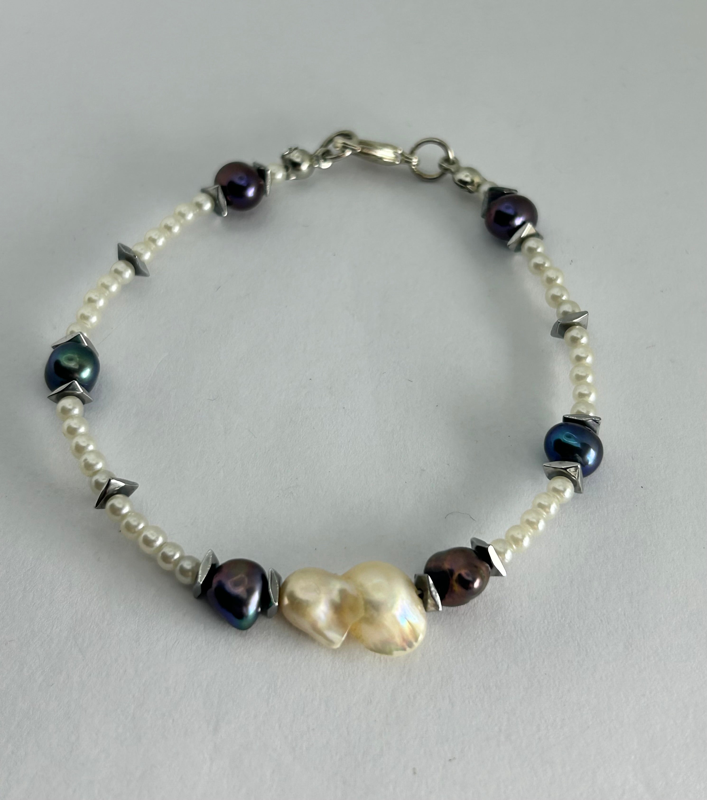 Freshwater Pearl & Hematite on Silver Plate Bracelet