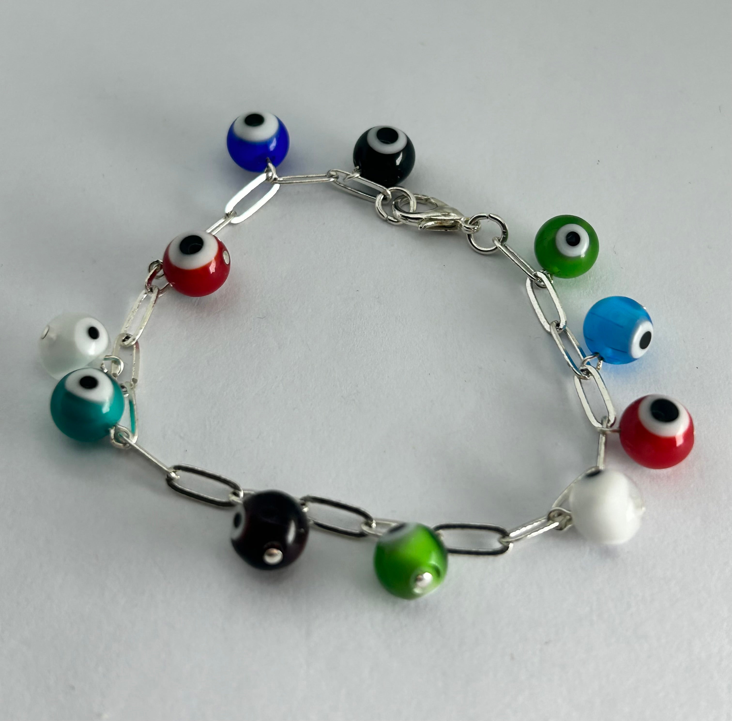Glass Eye Beads on Silver Plate Bracelet