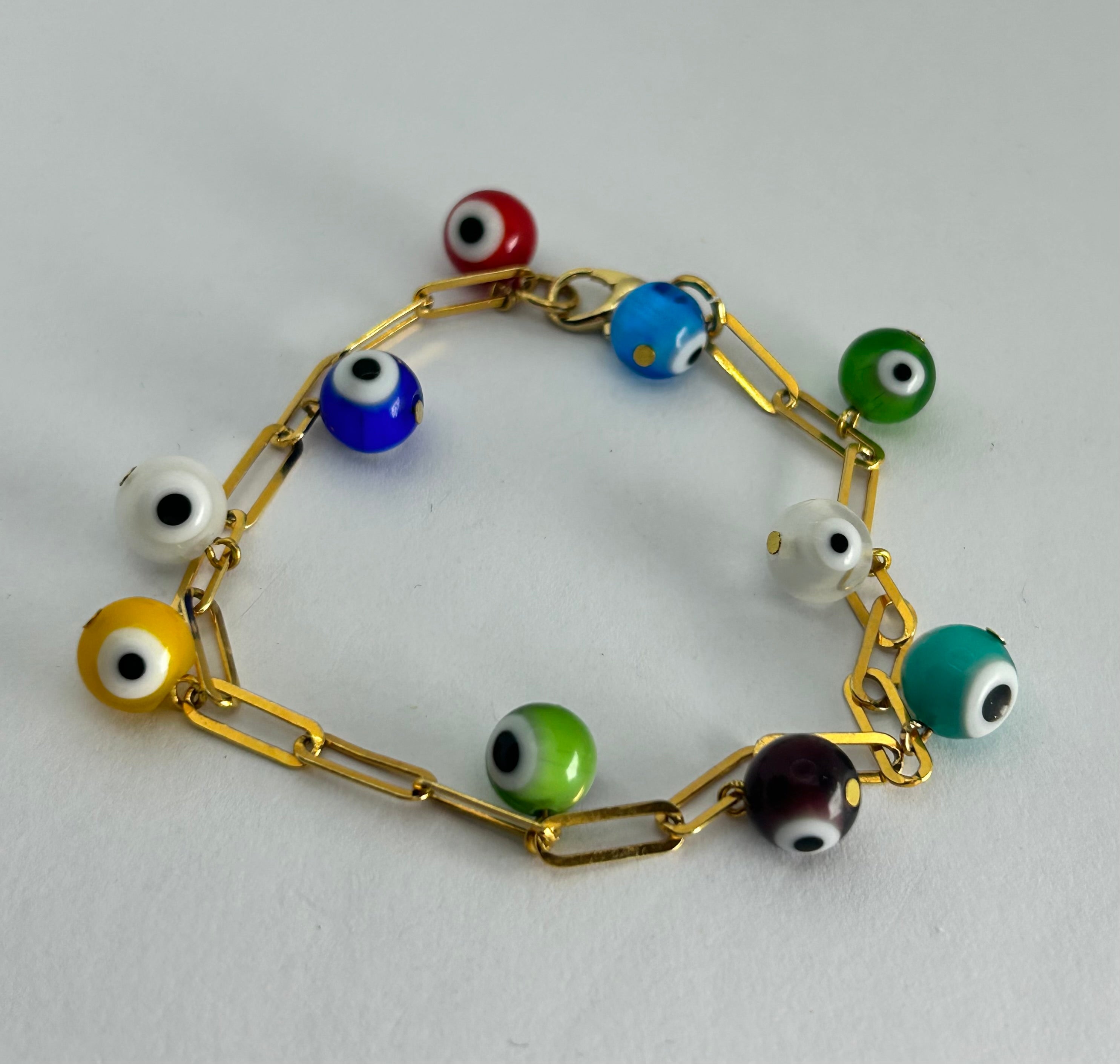 Glass Eye Beads on Gold Plate Bracelet