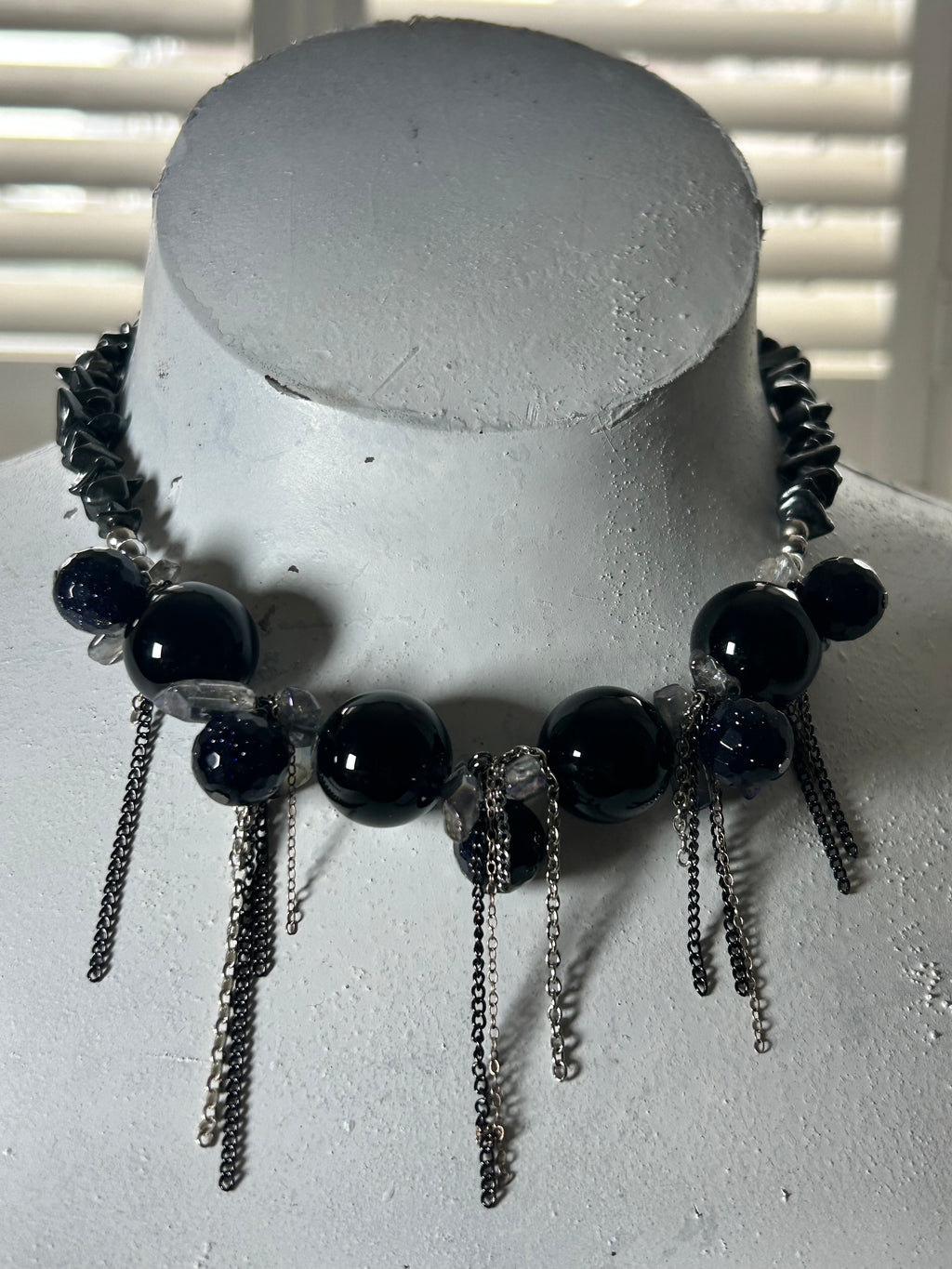 Onyx, Goldstone, Hematite, Quartz & Chain detail Necklace