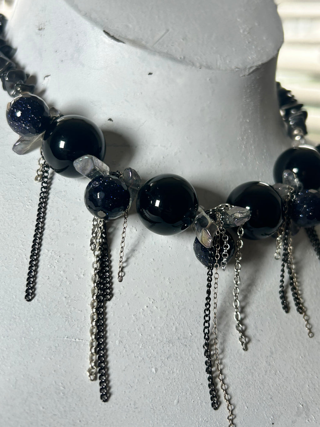 Onyx, Goldstone, Hematite, Quartz & Chain detail Necklace